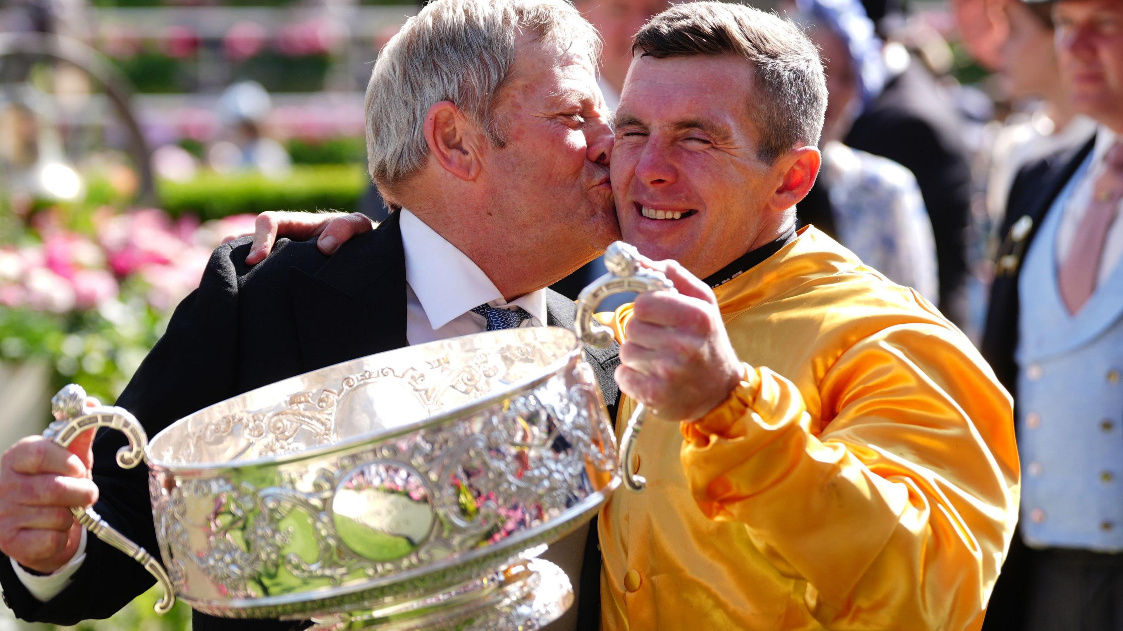 Cercene's trainer Joe Murphy celebrates his first top-level Group One winner, after nearly 50 years in the sport, with jockey Gary Carroll