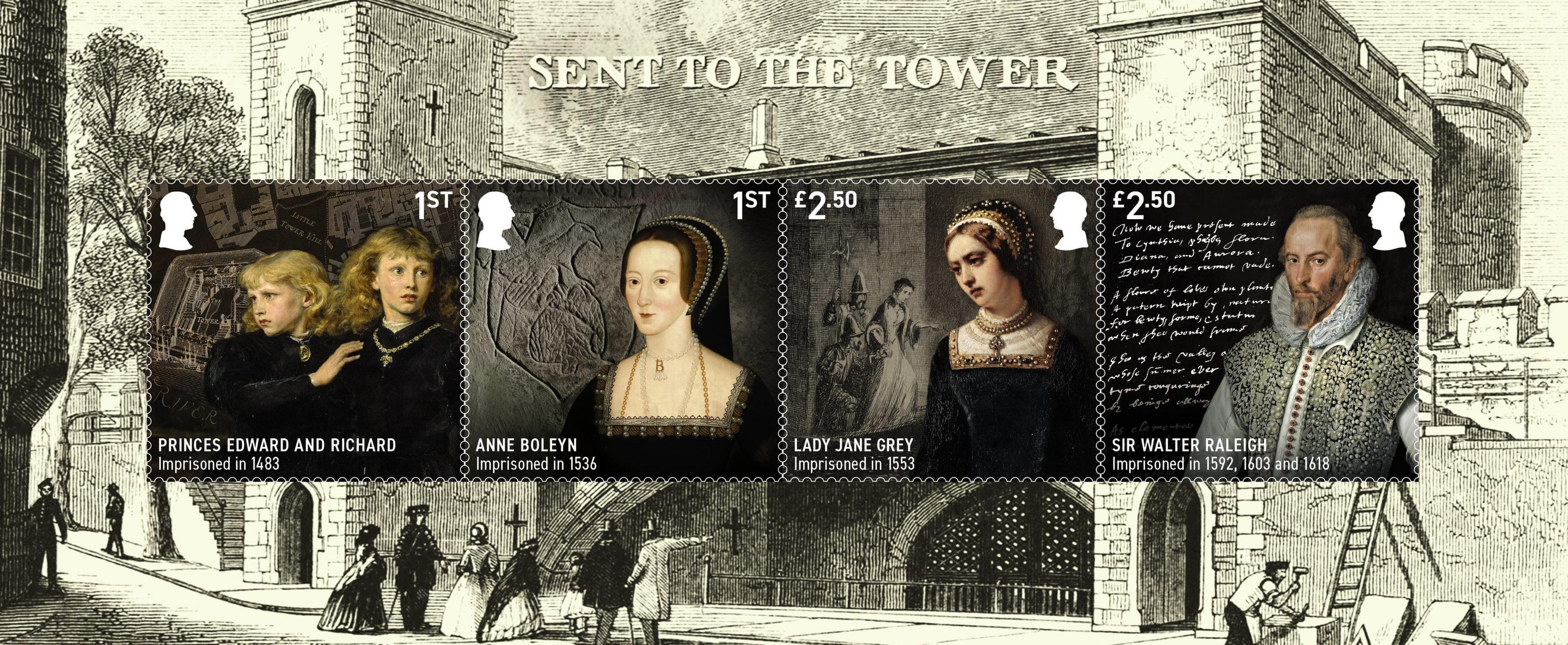 four stamps depict some of the Tower's famous historic prisoners