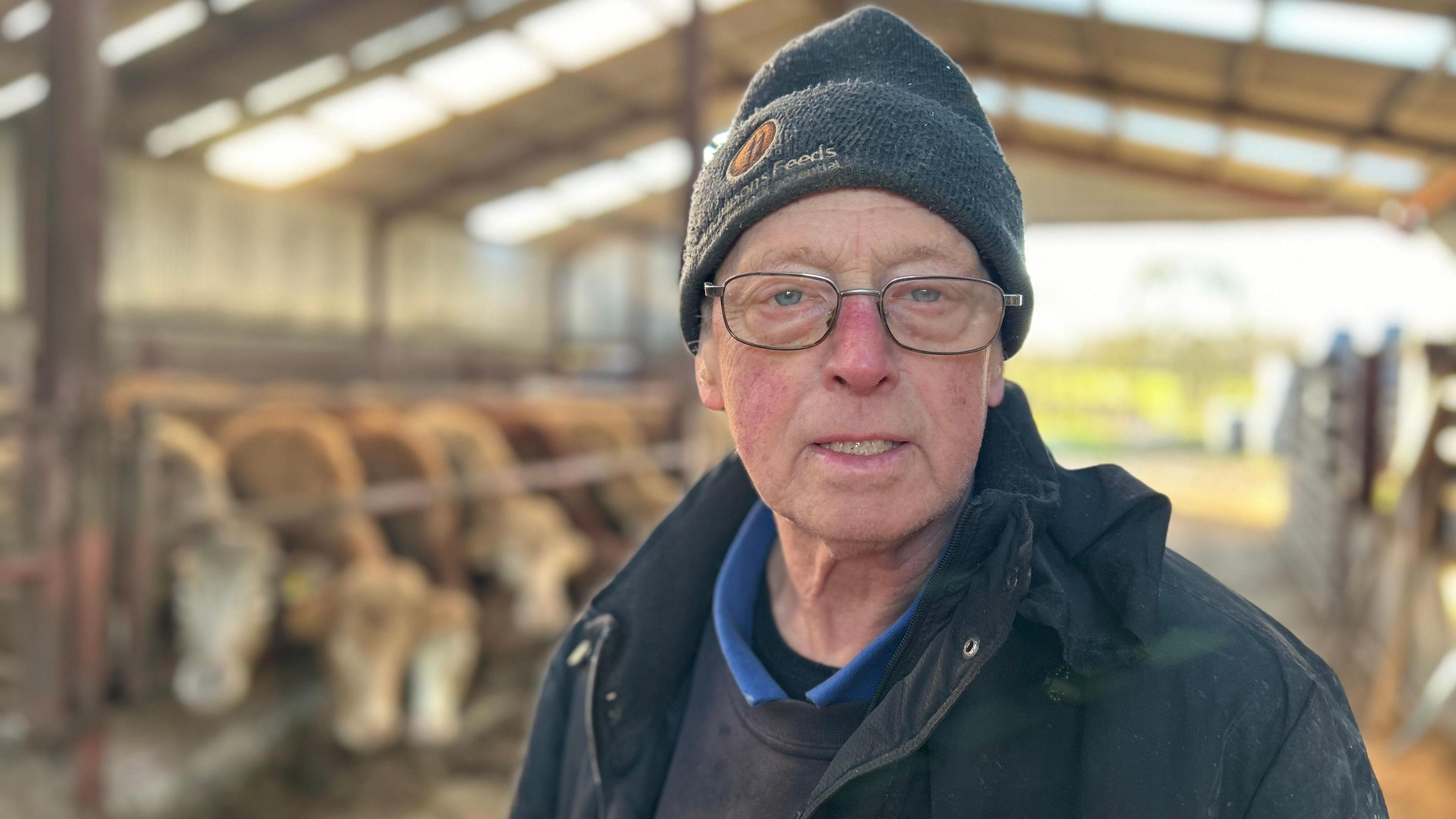 A man wearing a coat and a beanie standing in front of a shed full of cows