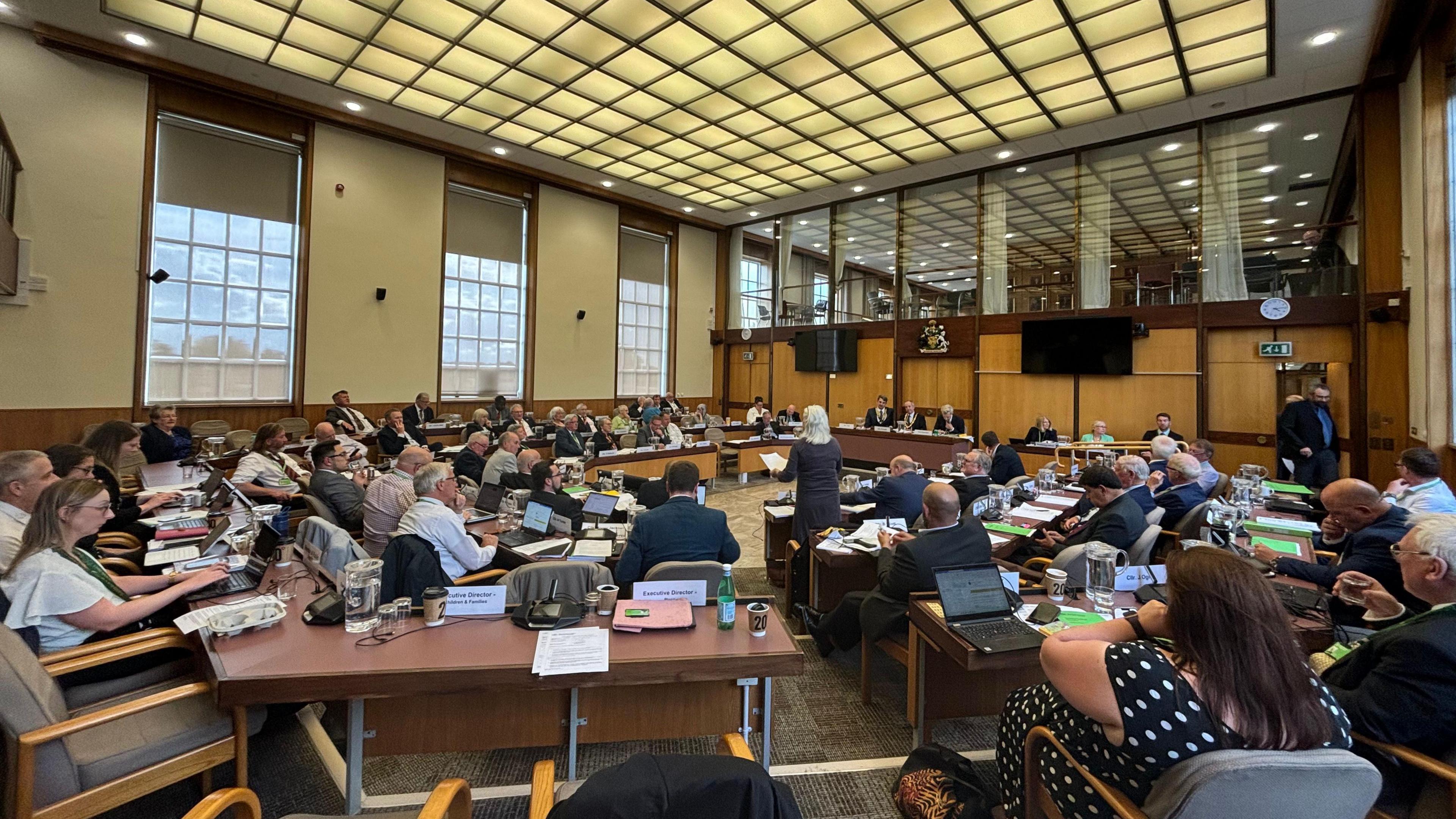 The chamber at Nottinghamshire County Council with dozens of councillors discussing the motion