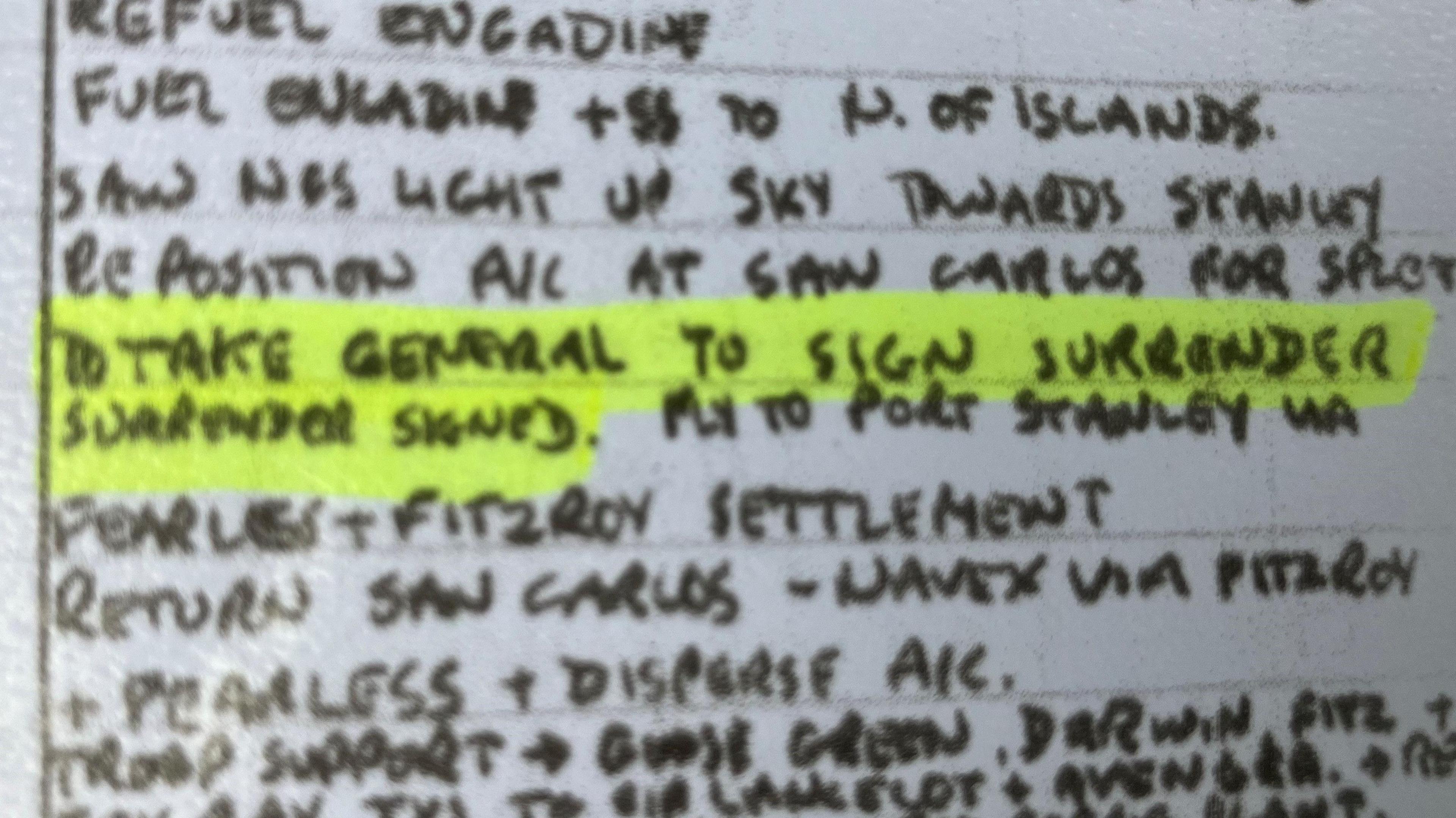 Handwritten helicopter log entry with words highlighted about a surrender 