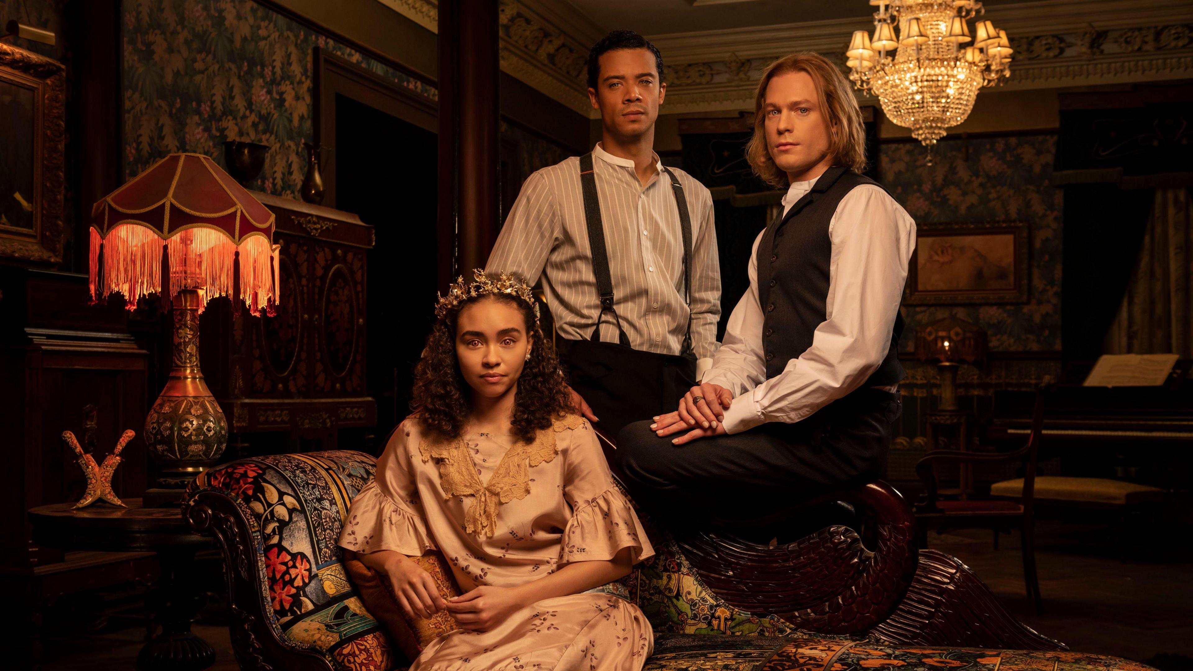 The Interview with the Vampire cast, Claudia (played by Bailey Bass), Lestat de Lioncourt (played by Sam Reid) and Louis de Pointe du Lac (played by Jacob Anderson.