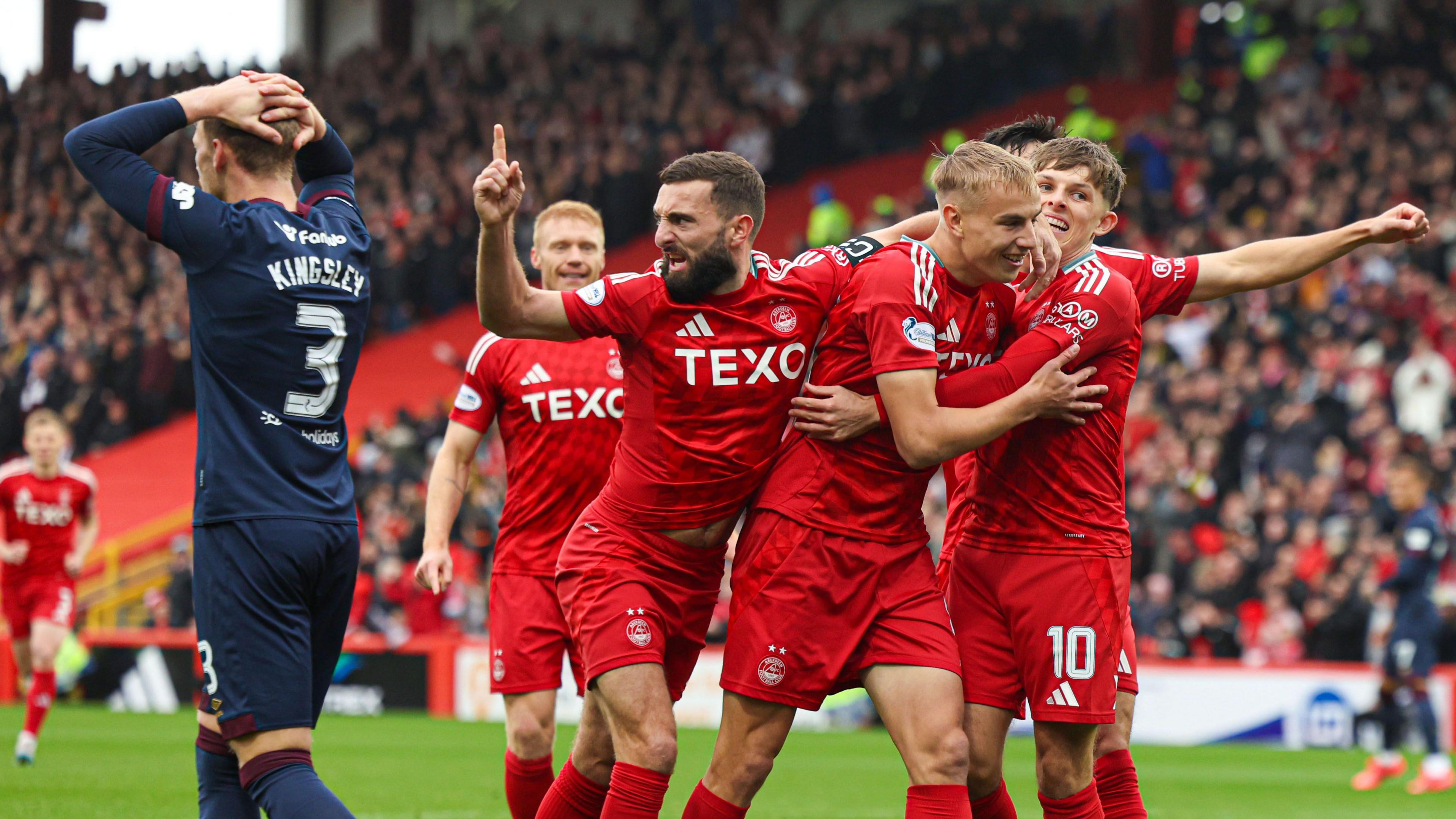 Topi Keskinen celebrates opening the scoring for Aberdeen in a five-goal thriller when these sides last met at Pittodrie