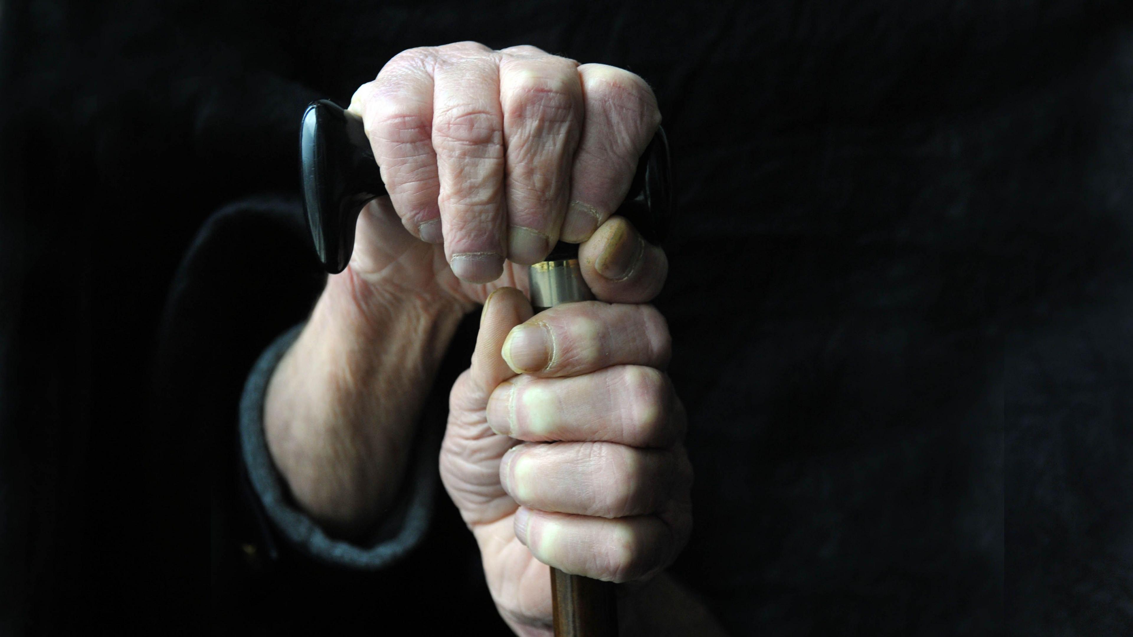 On old person's hands grasp a walking stick