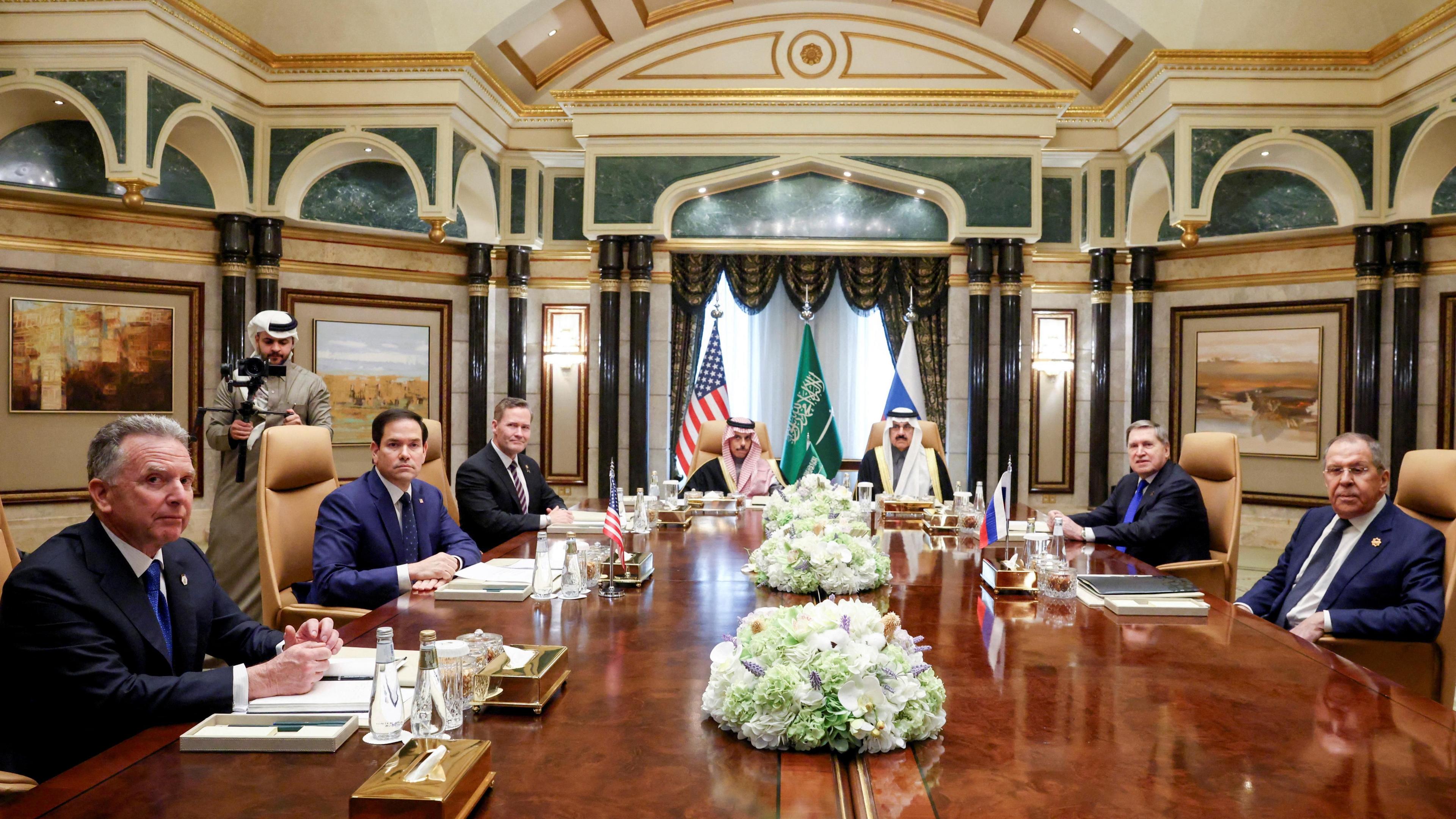 Witkoff (first from the left) takes part in meetings with Russian Foreign Minister Sergei Lavrov (first from the right), and Putin's foreign policy adviser Yuri Ushakov (second from the right) in Saudi Arabia