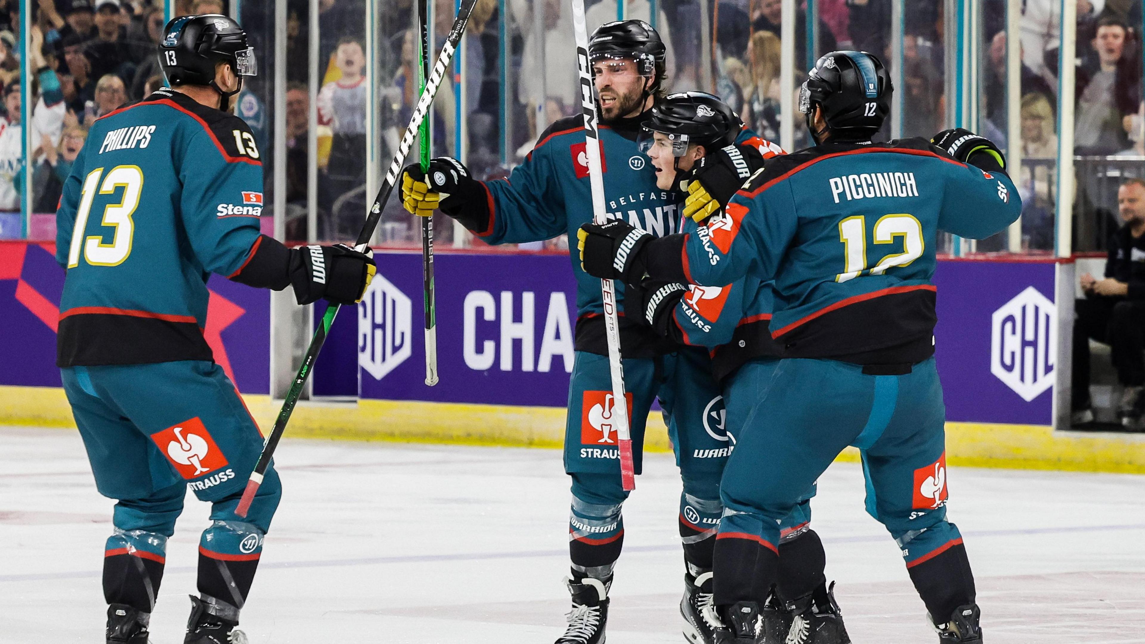 Bo Hanson celebrates his goal for the Belfast Giants