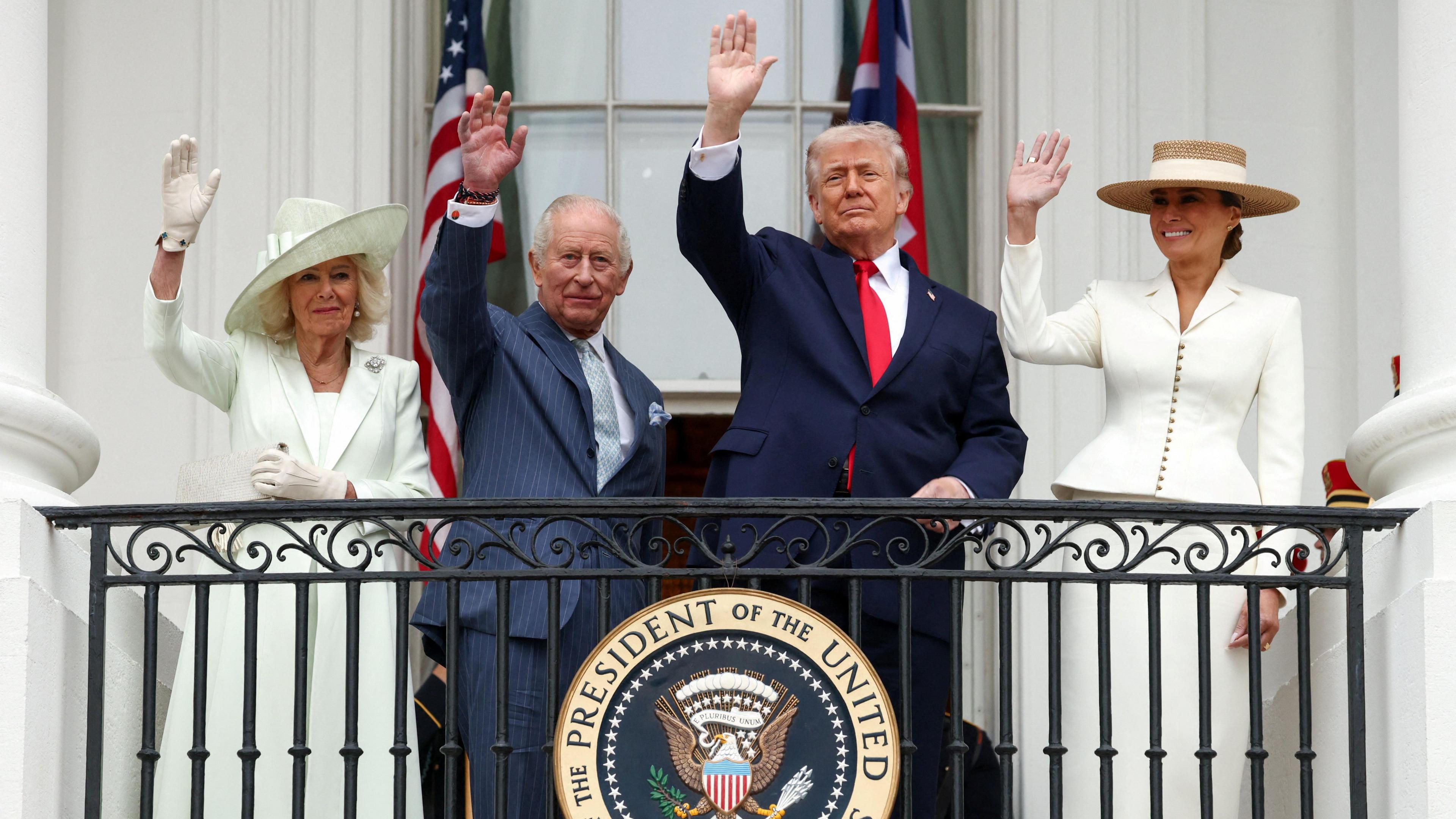 Mbretëresha Camilla, Mbreti Charles, Presidenti Trump, Zonja e Parë Melania Trump në ballkonin e Shtëpisë së Bardhë