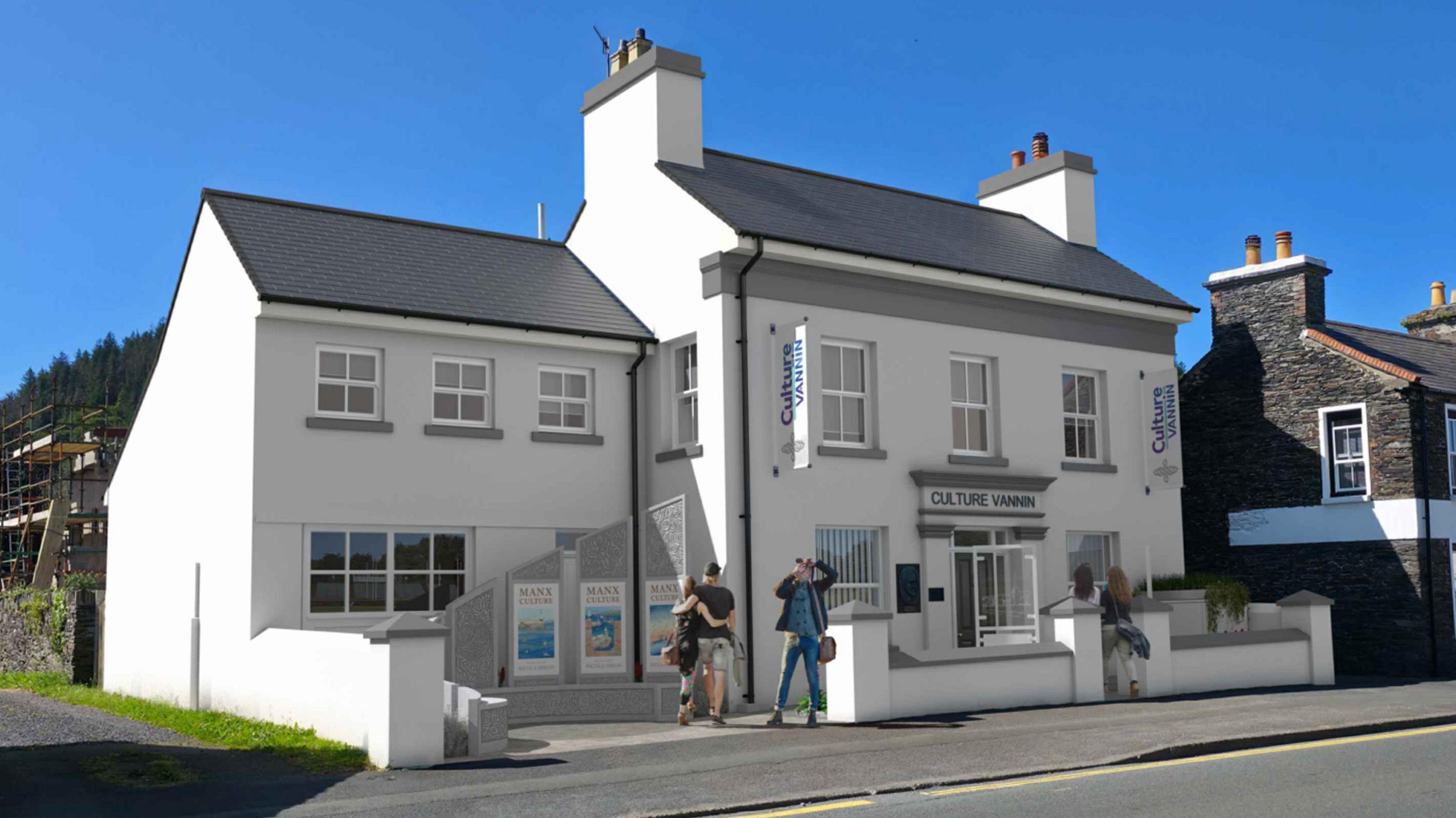 An illustration of the redeveloped Fairfield House, which is white and has Culture Vannin written above the door. 