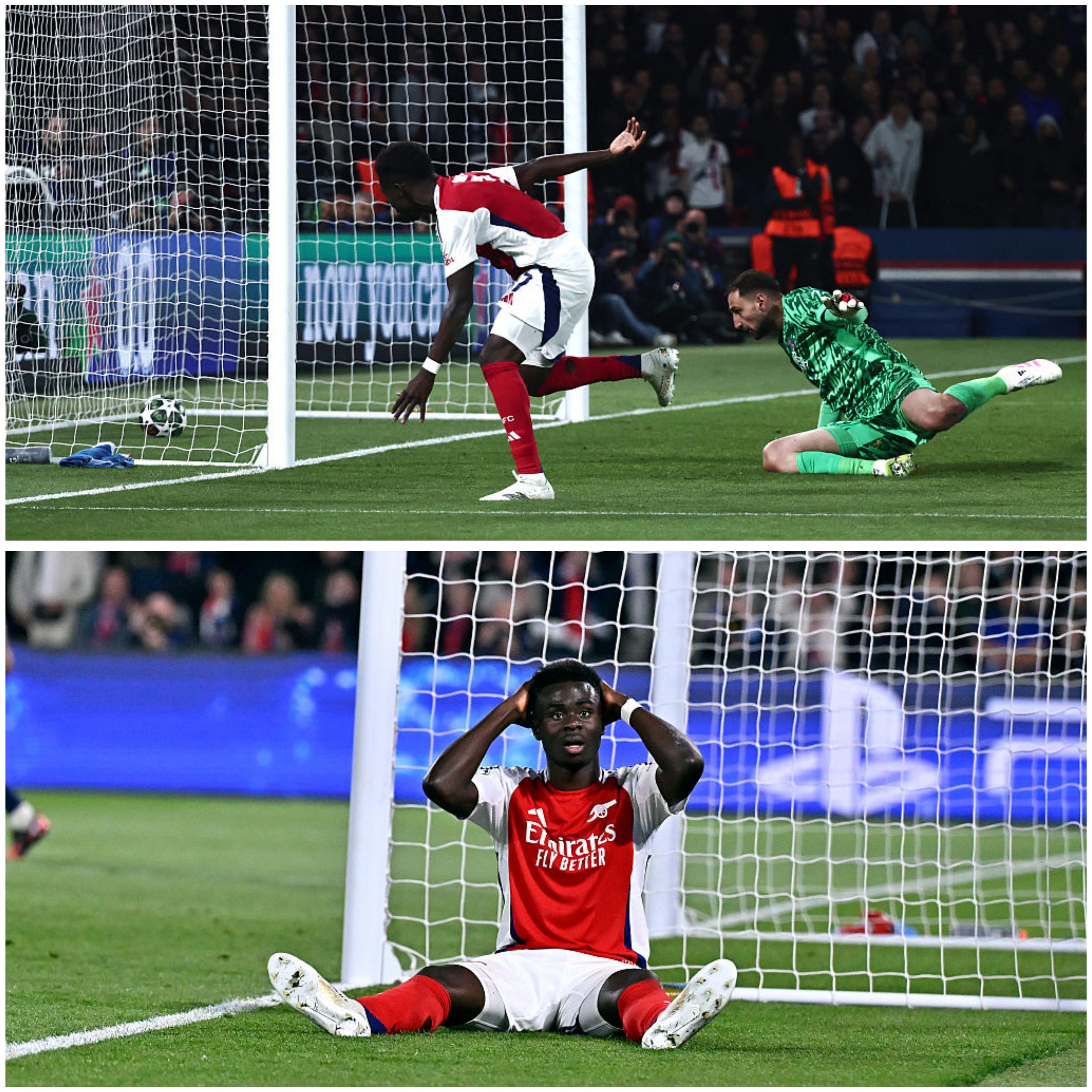 Two images, one on top of the other. The first shows Bukayo Saka scoring to get a goal back for Arsenal. The second shows him sat next to the goal with his hands on his head after missing a big chance later in the game.