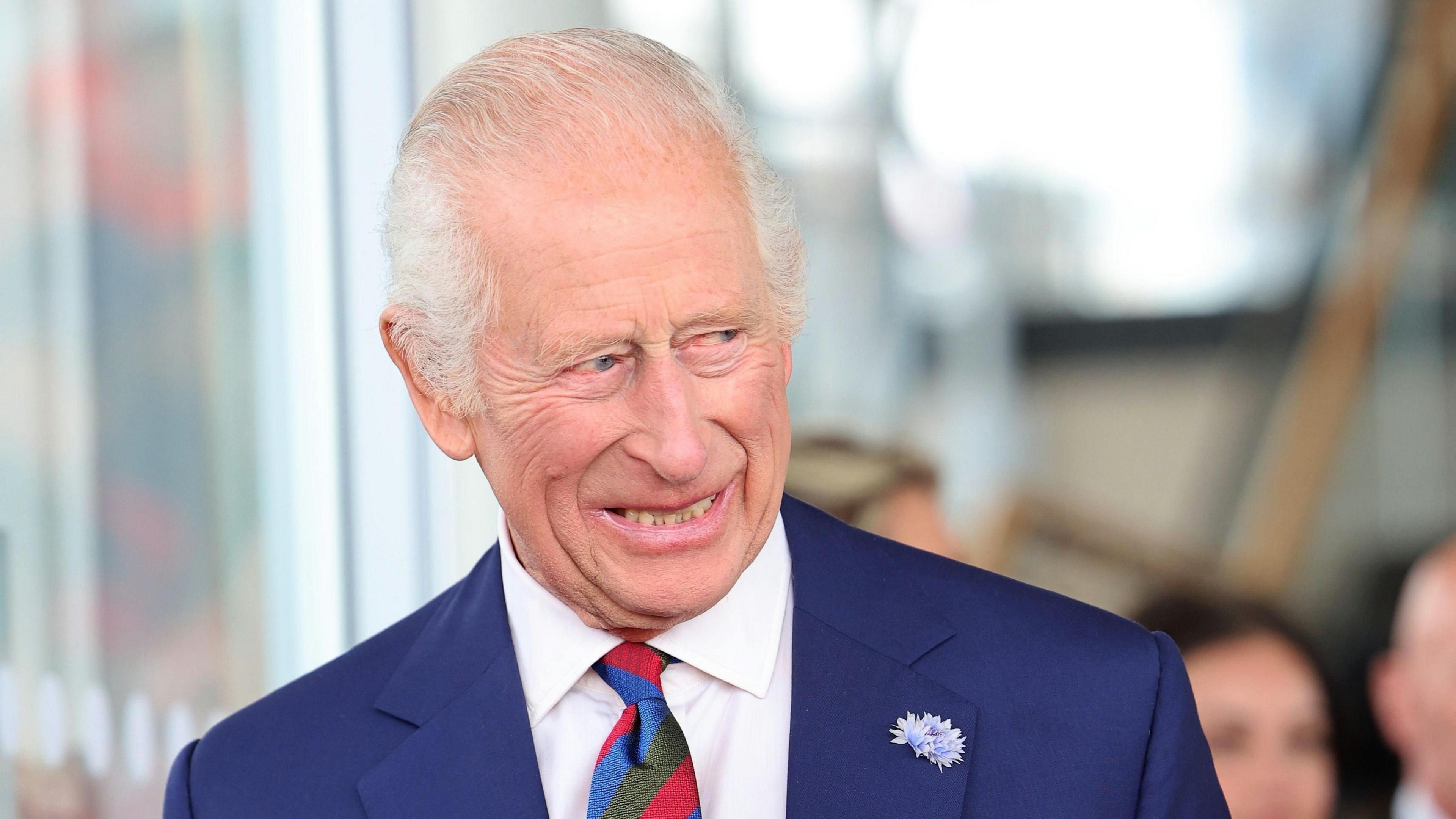 A smiling King Charles looking to the right of the camera, dressed in a suit and multi-coloured tie.