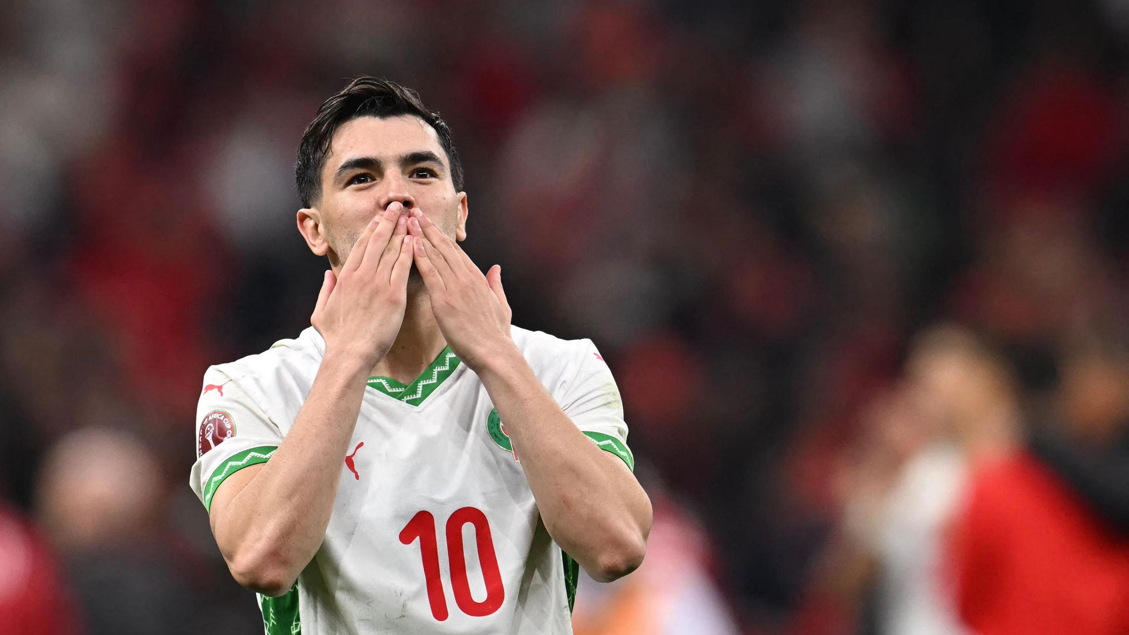Brahim Diaz celebrates while playing for Morocco