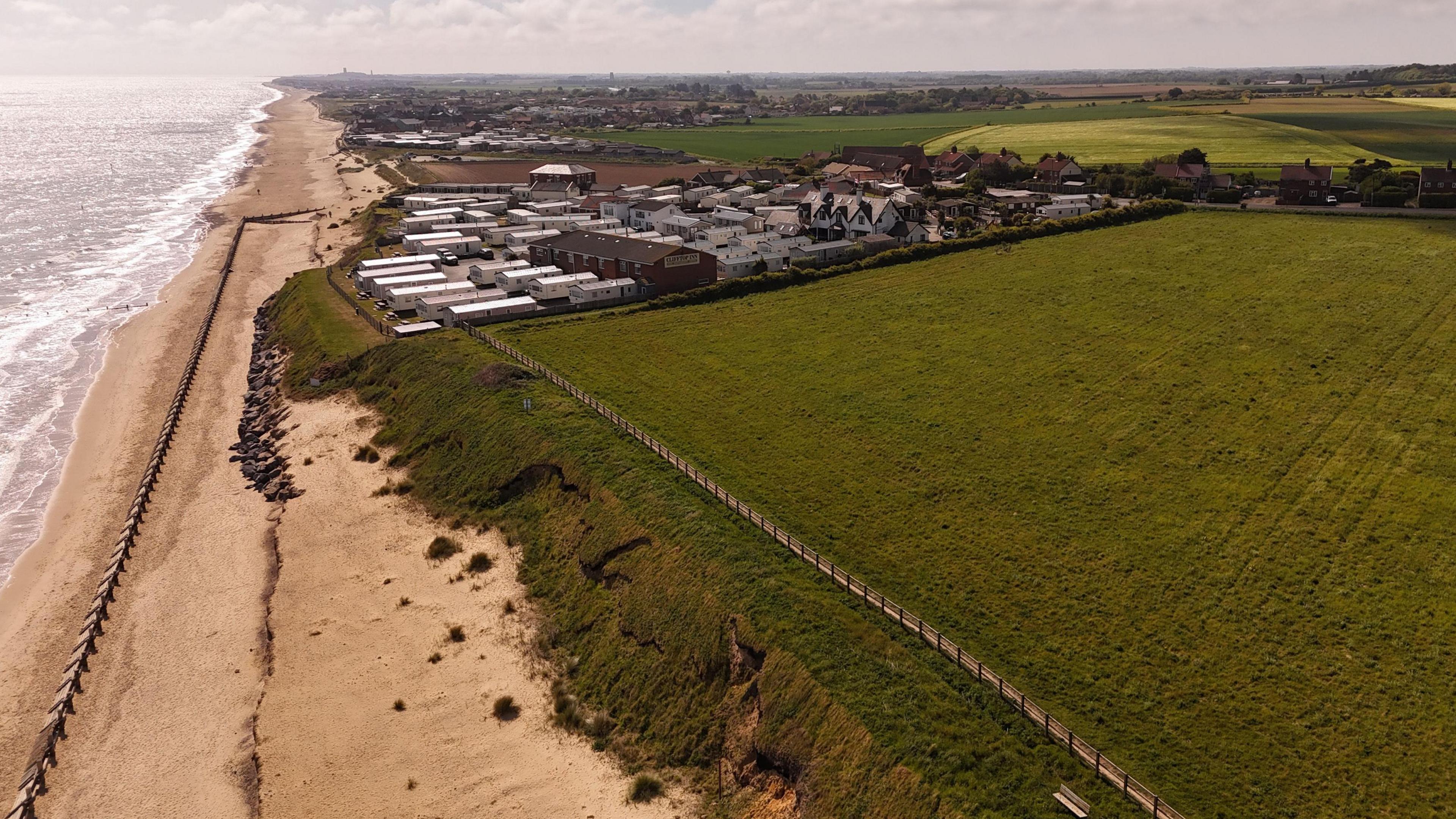 An aerial view of the Norfolk coast from Bacton gas terminal to the village of Walcott