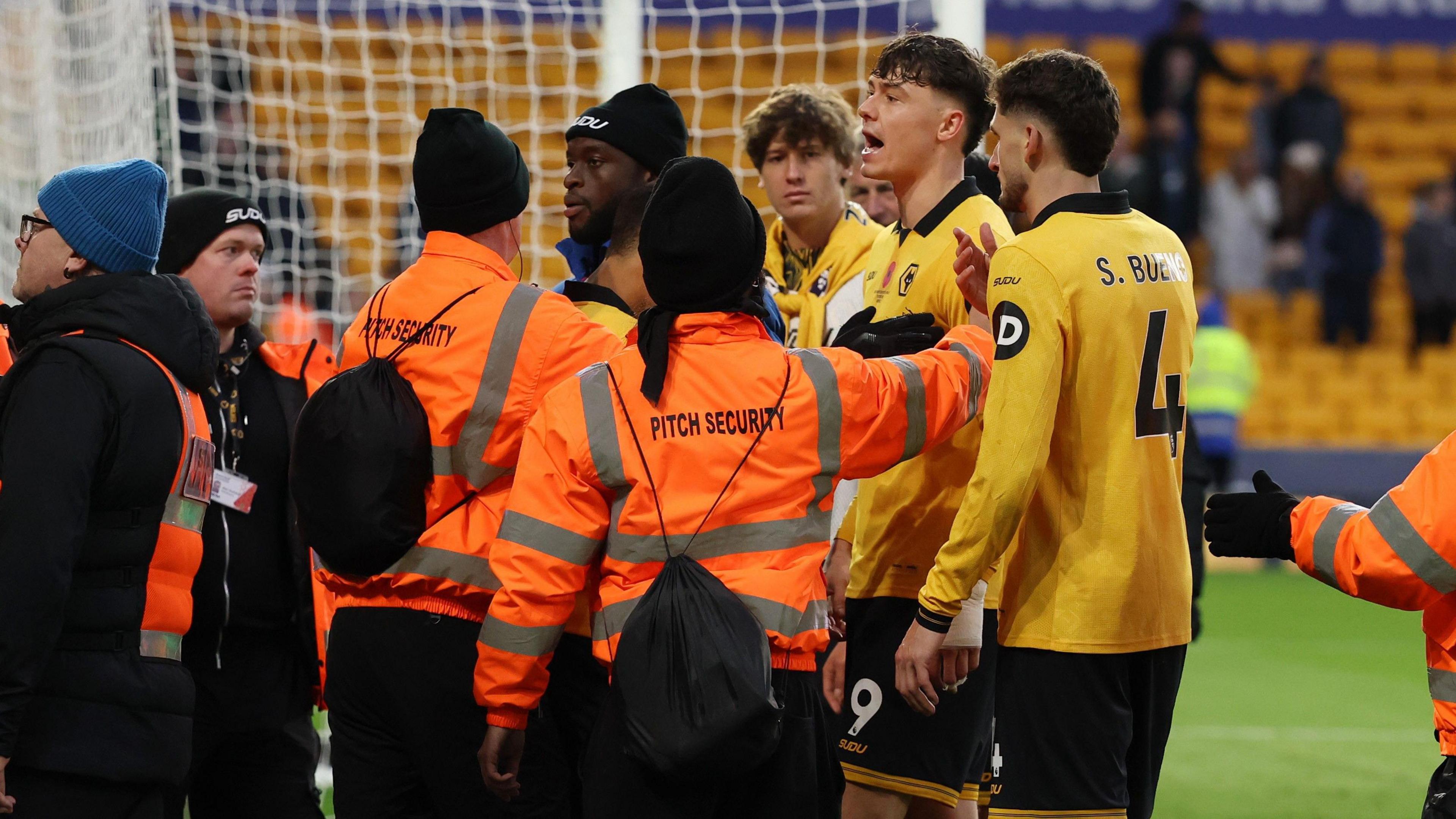 Jorgen Strand Larsen speaks to fans at the final whistle.