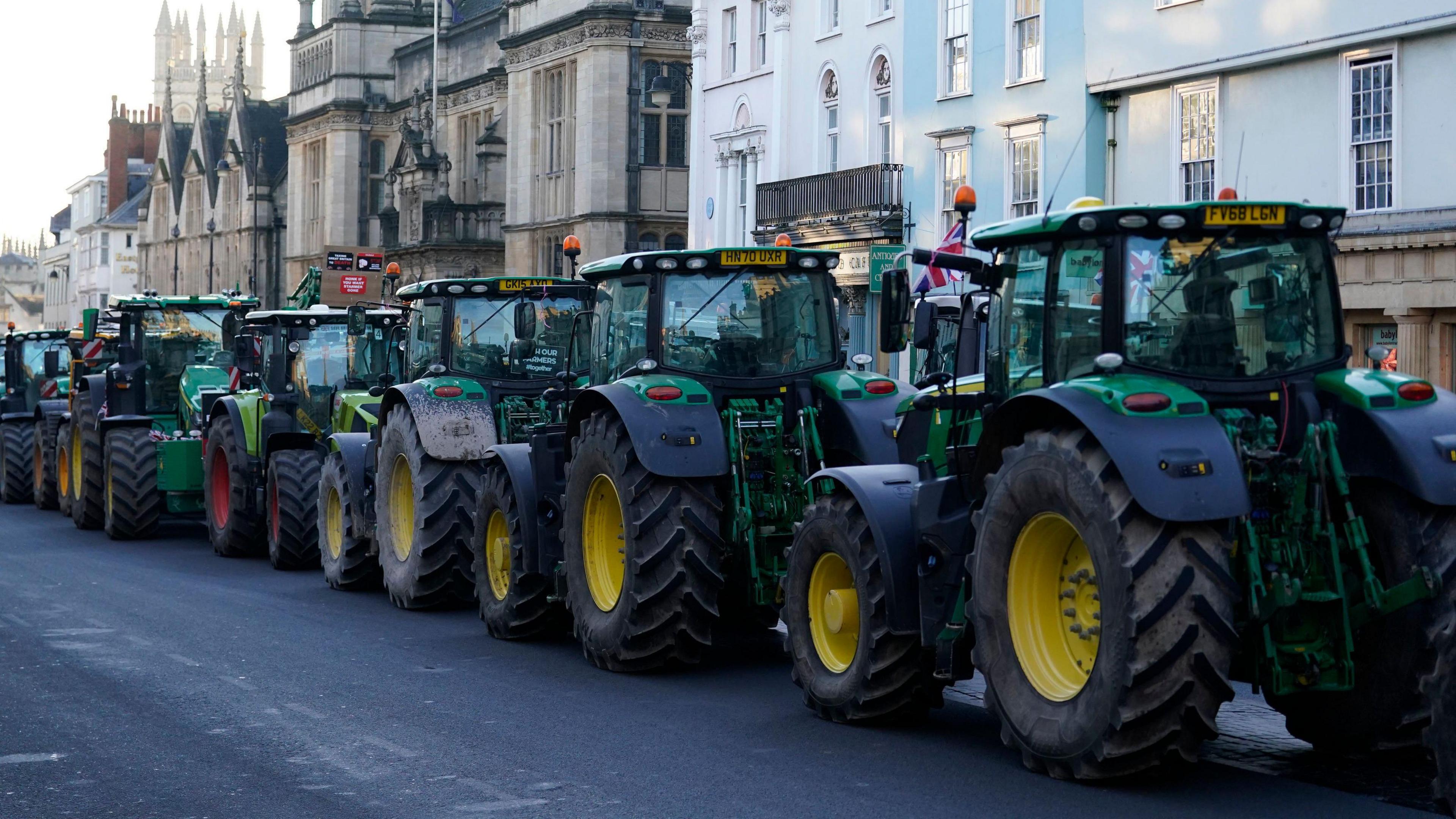 Farmers in tractors take part in a protest over the changes to inheritance tax (IHT) rules outside the Oxford Farming Conference, at The Examination Schools, Oxford, where Environment Secretary Steve Reed is giving a speech.