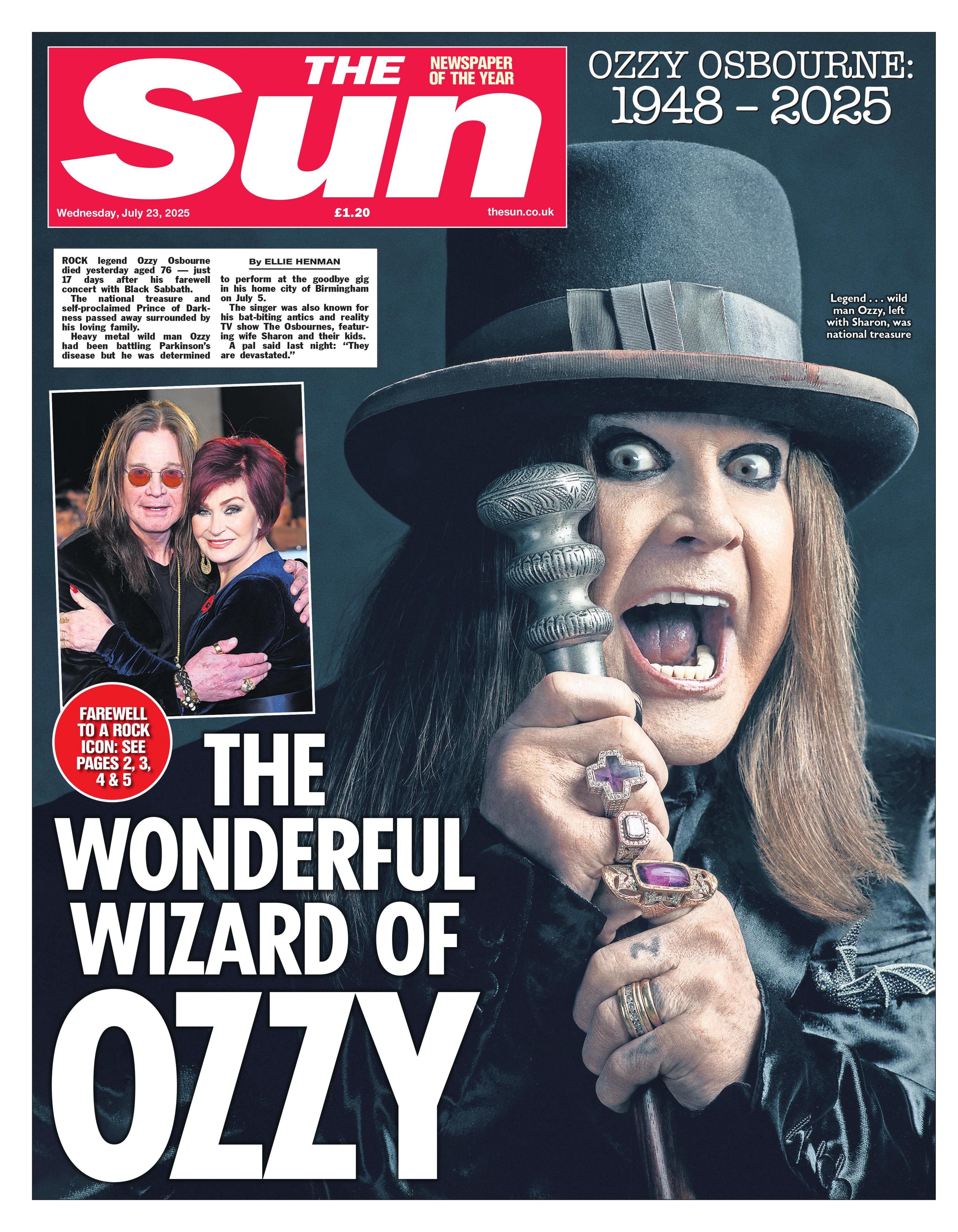 The headline on the front page of the Sun reads: "The Wonderful Wizard of Ozzy".