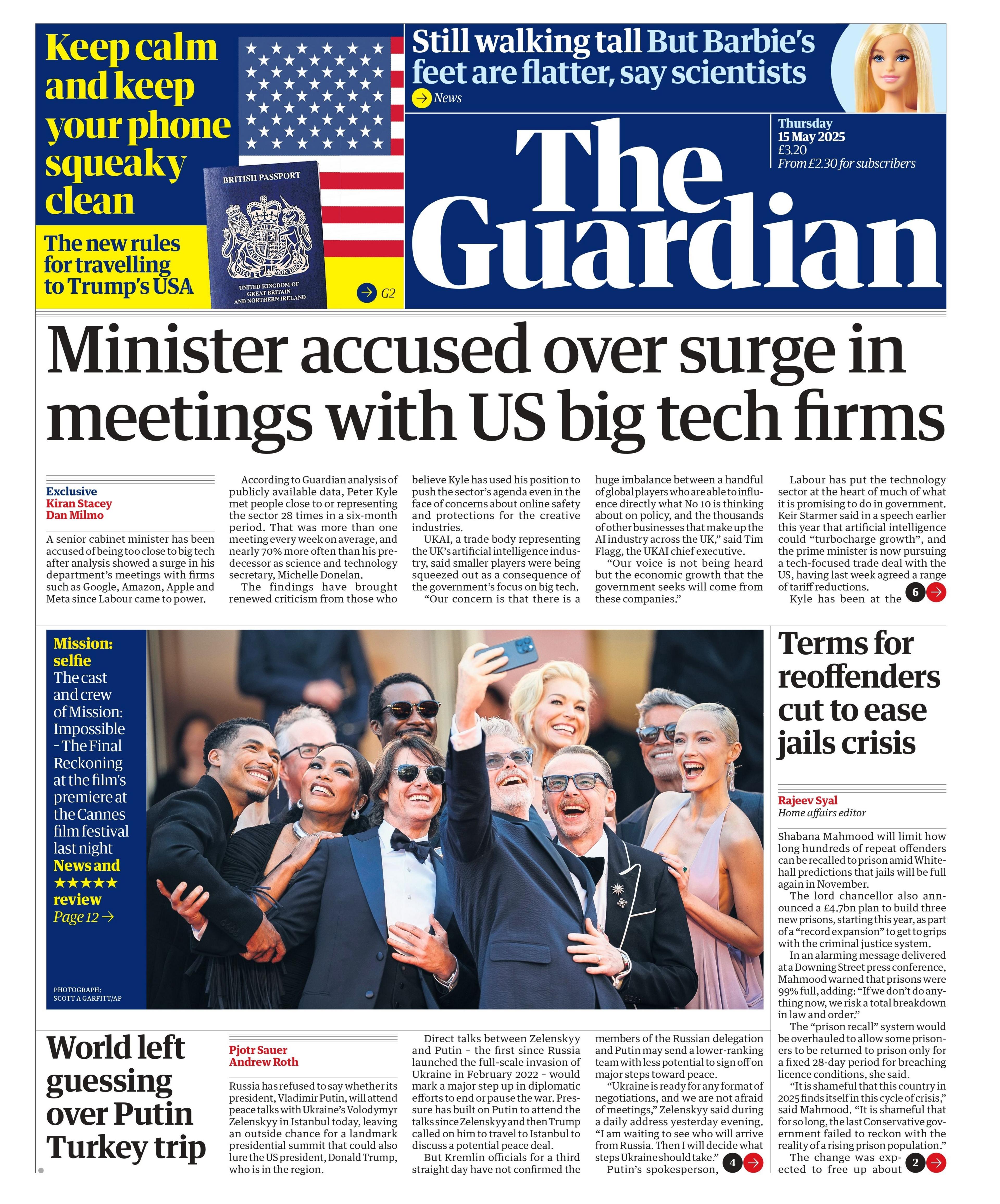 The headline on the front page of The Guardian reads: "Minister accused over surge in meetings with US big tech firms".