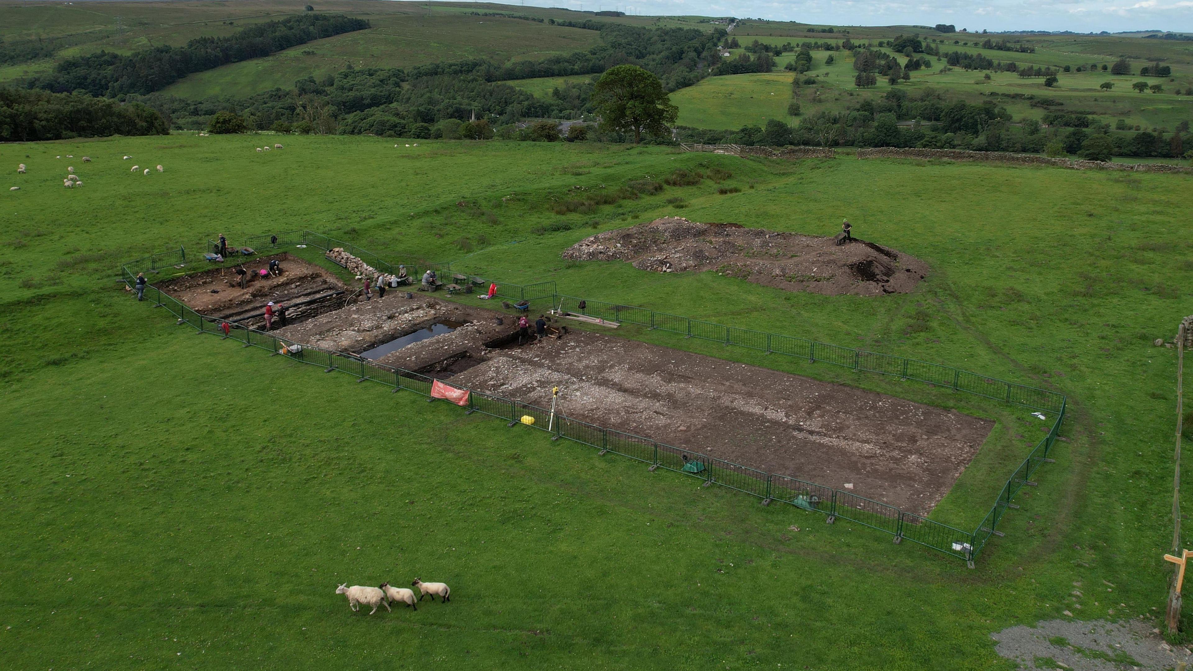 Aerial view of rectangular dig site amid green fields and sheep.