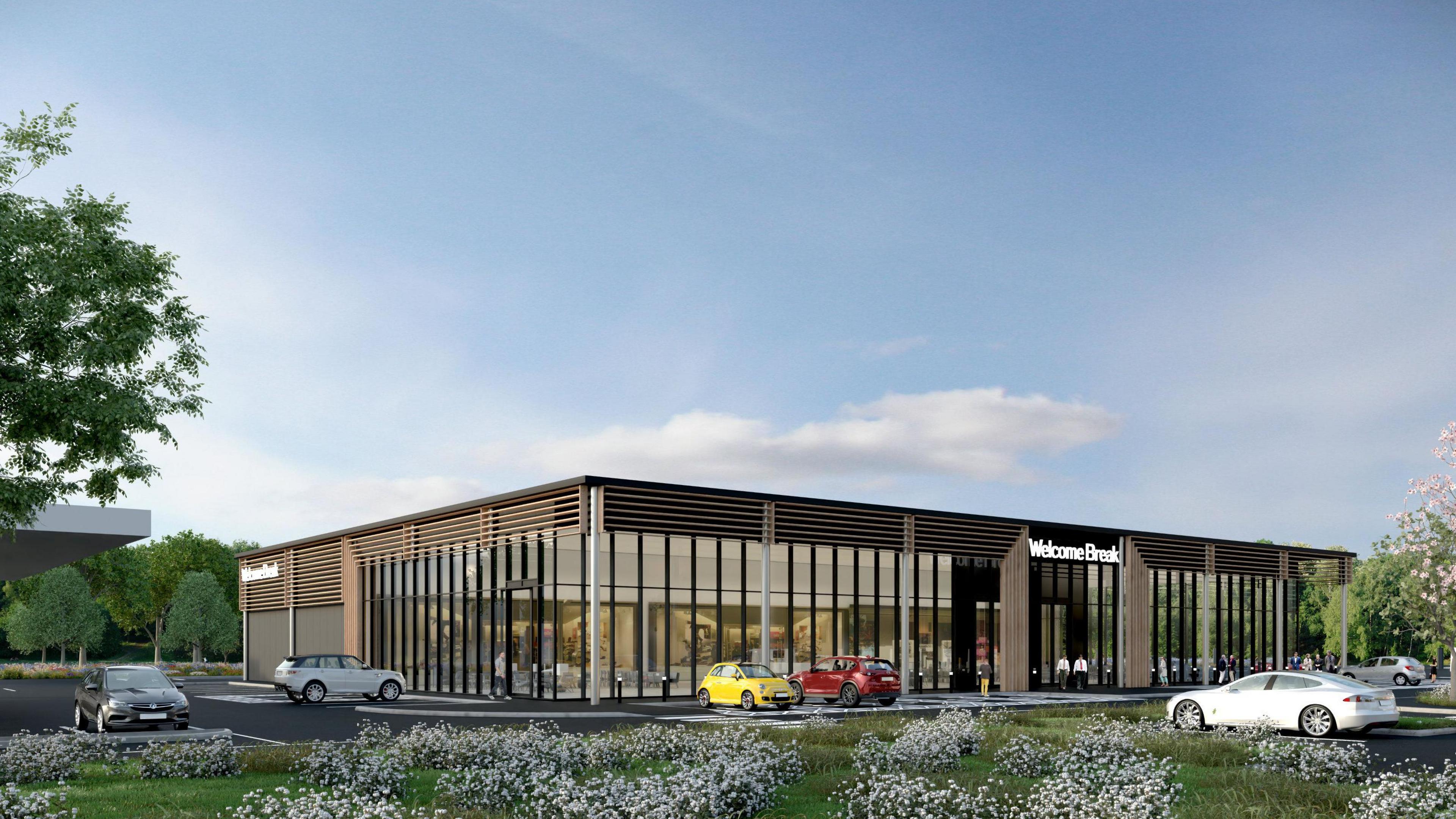 An artists impression showing the new service station main building and a petrol station canopy