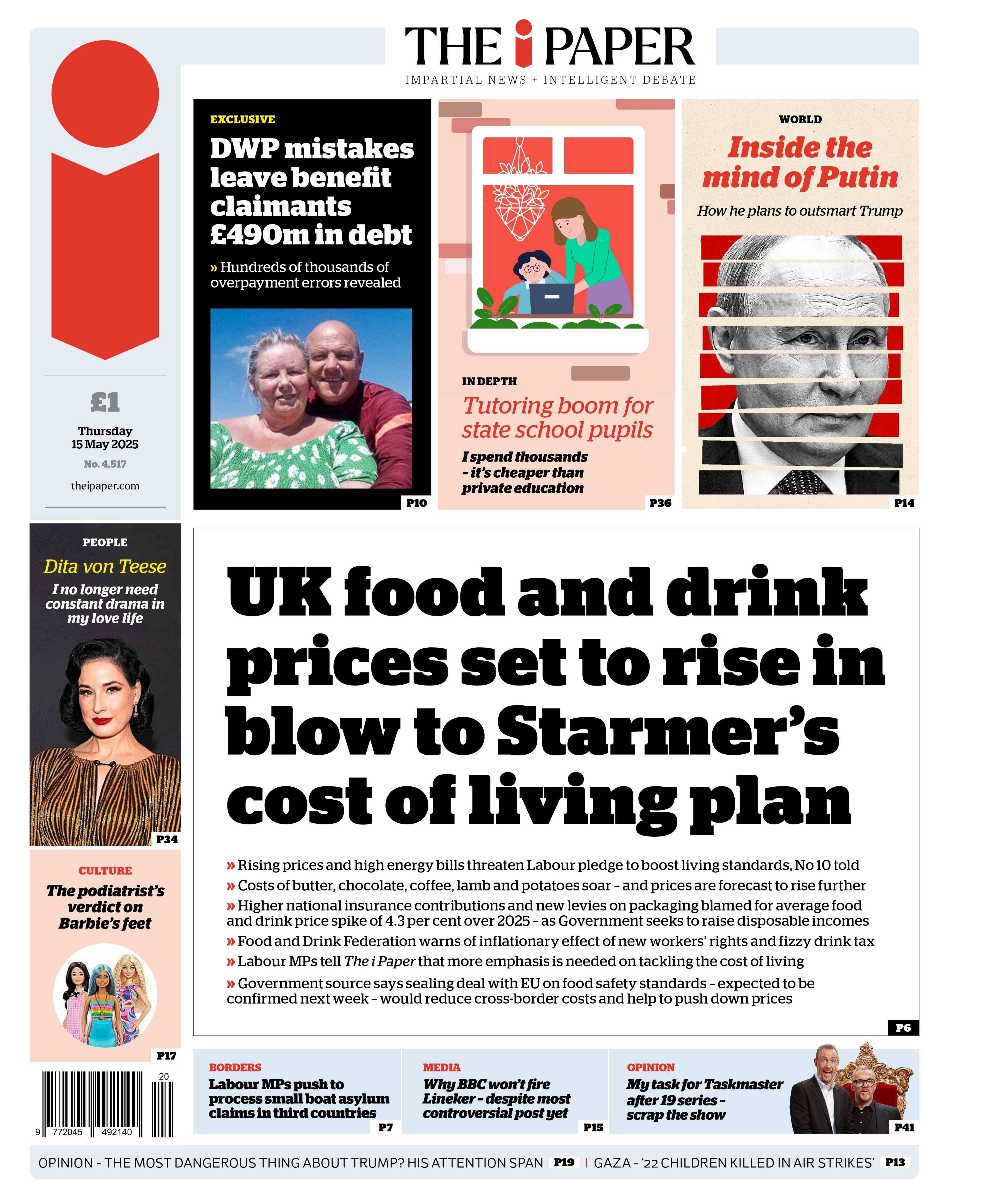 The headline on the front page of the Daily Star reads: "UK food and drink prices set to rise in blow to Starmer's cost of living plan".