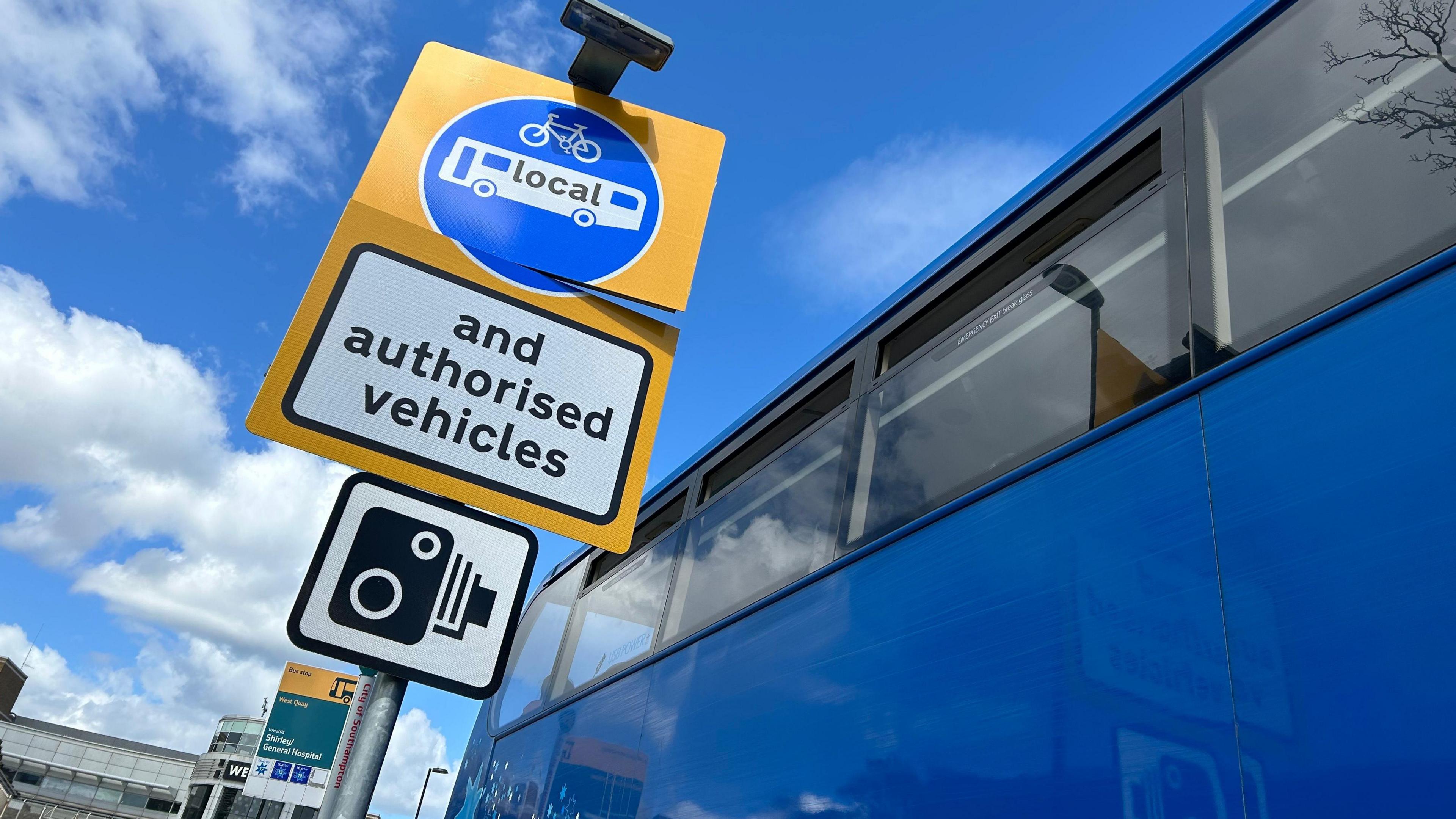 An ANPR camera enforces the bus gate in Portland Terrace, Southampton. Pictured on a cloudy day.