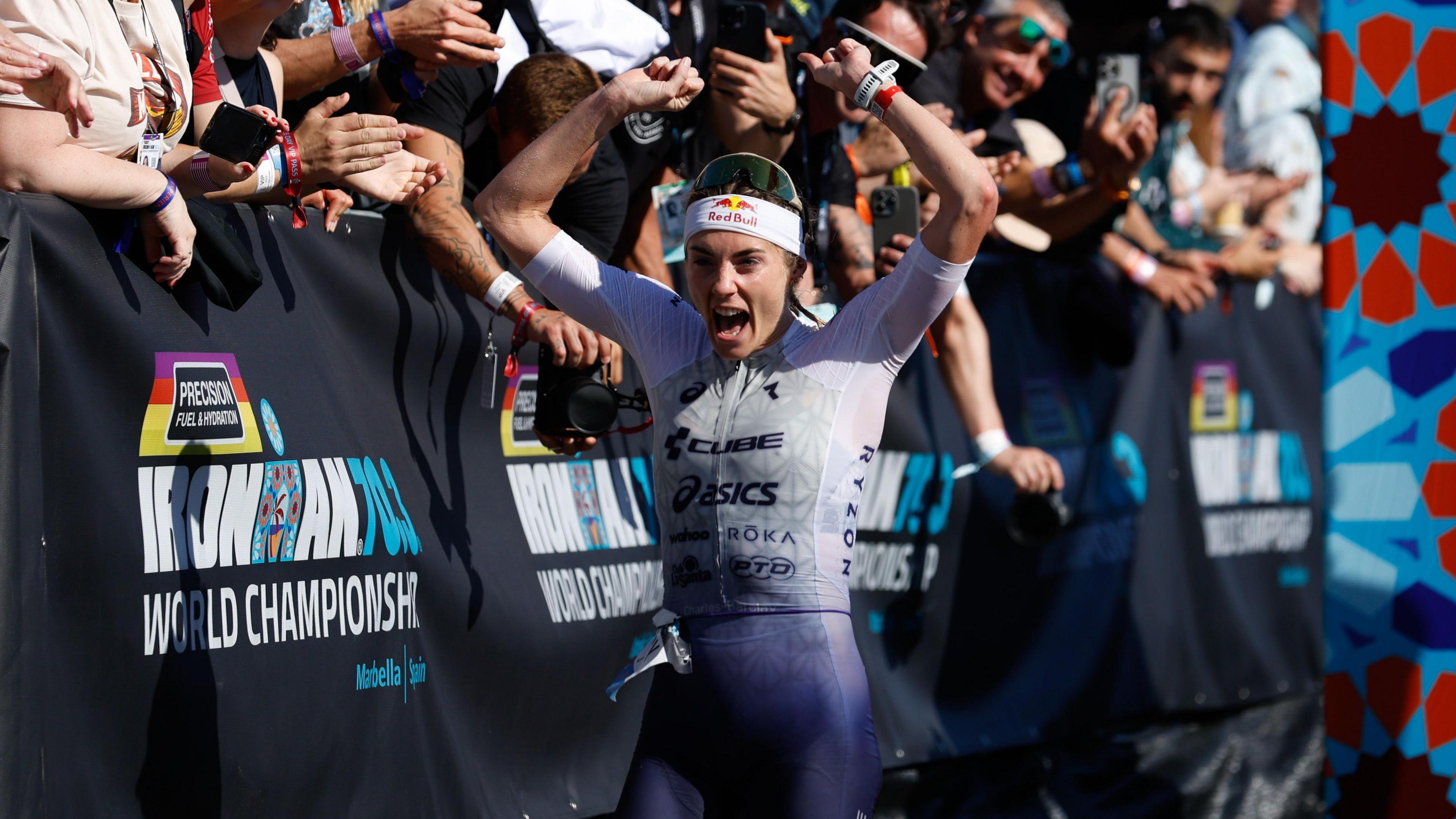Lucy Charles-Barclay celebrates winning her second world Ironman 70.3 title