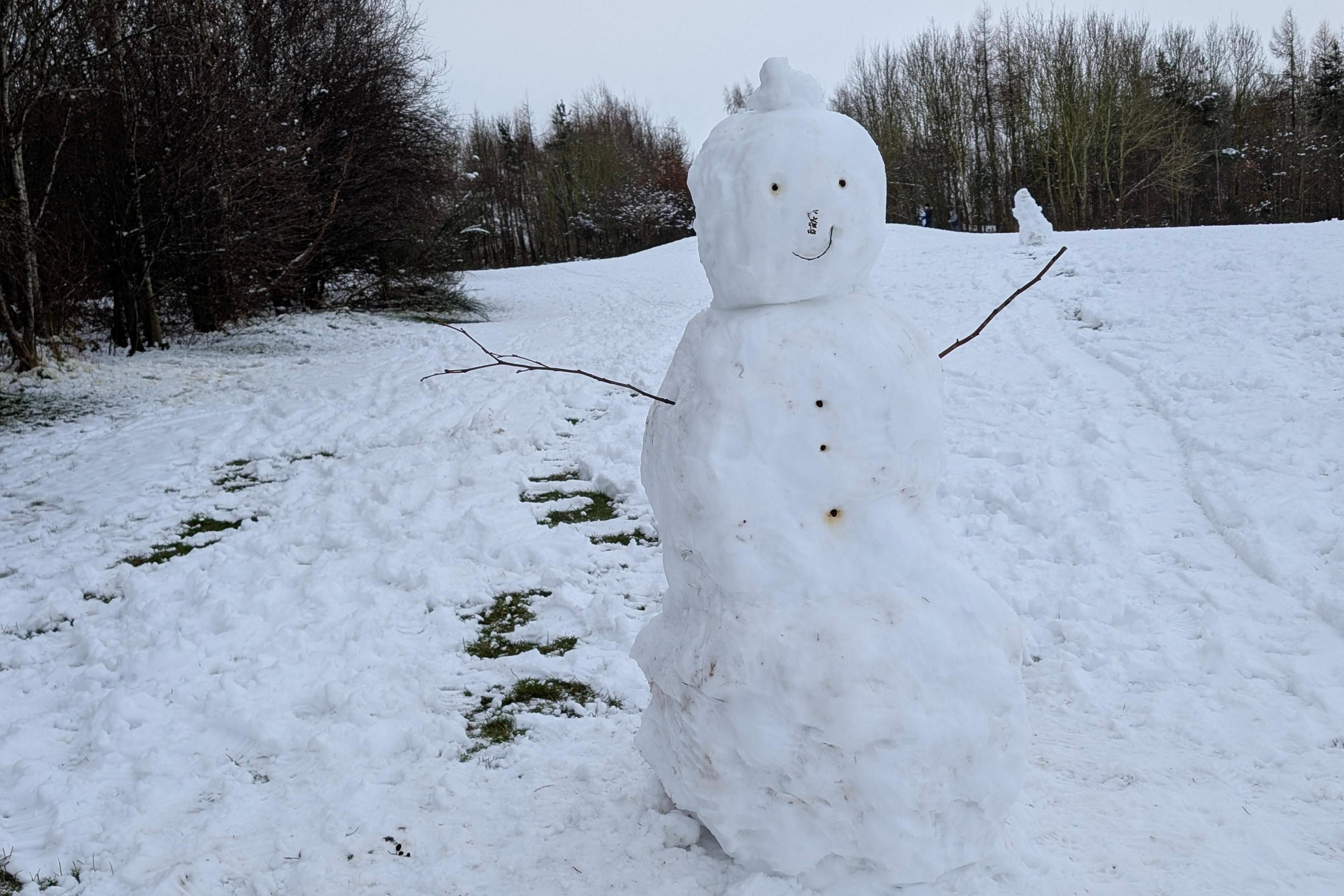 A tall snowman in a snowy field. Stones make it look like it is smiling.