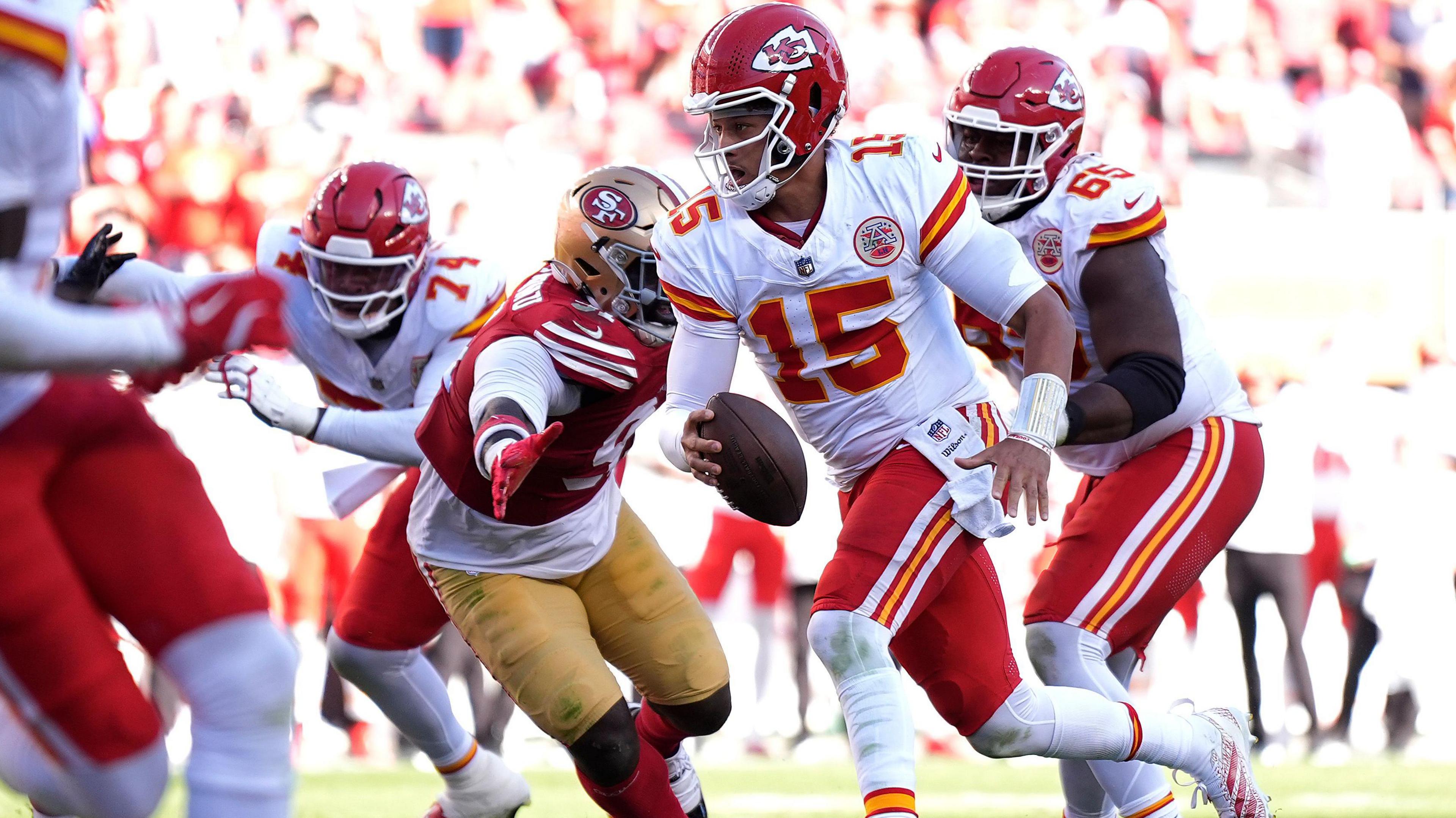 Patrick Mahomes runs the ball for the Kansas City Chiefs in their game at the San Francisco 49ers