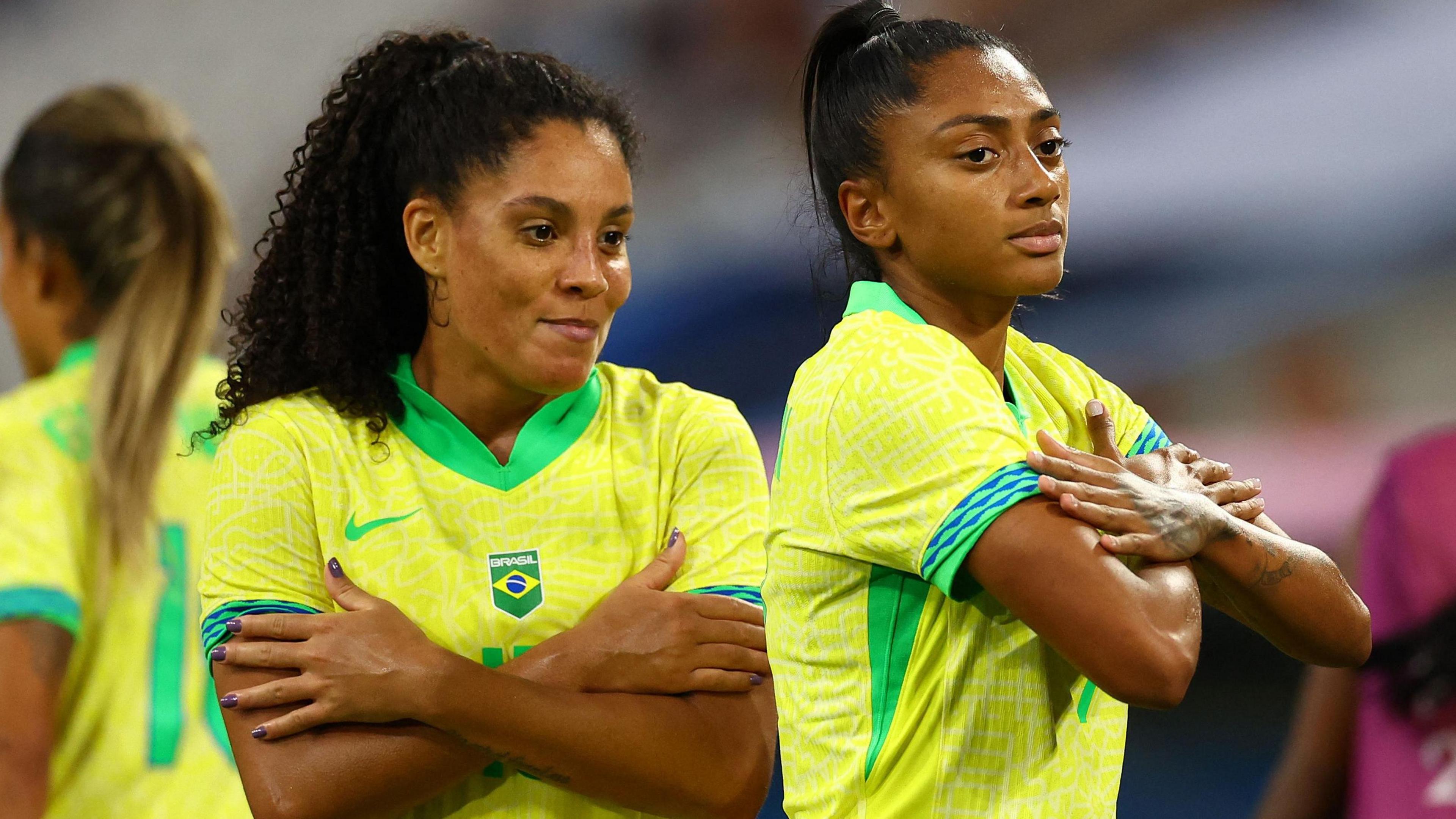 Kerolin of Brazil celebrates scoring their fourth goal with Yasmim