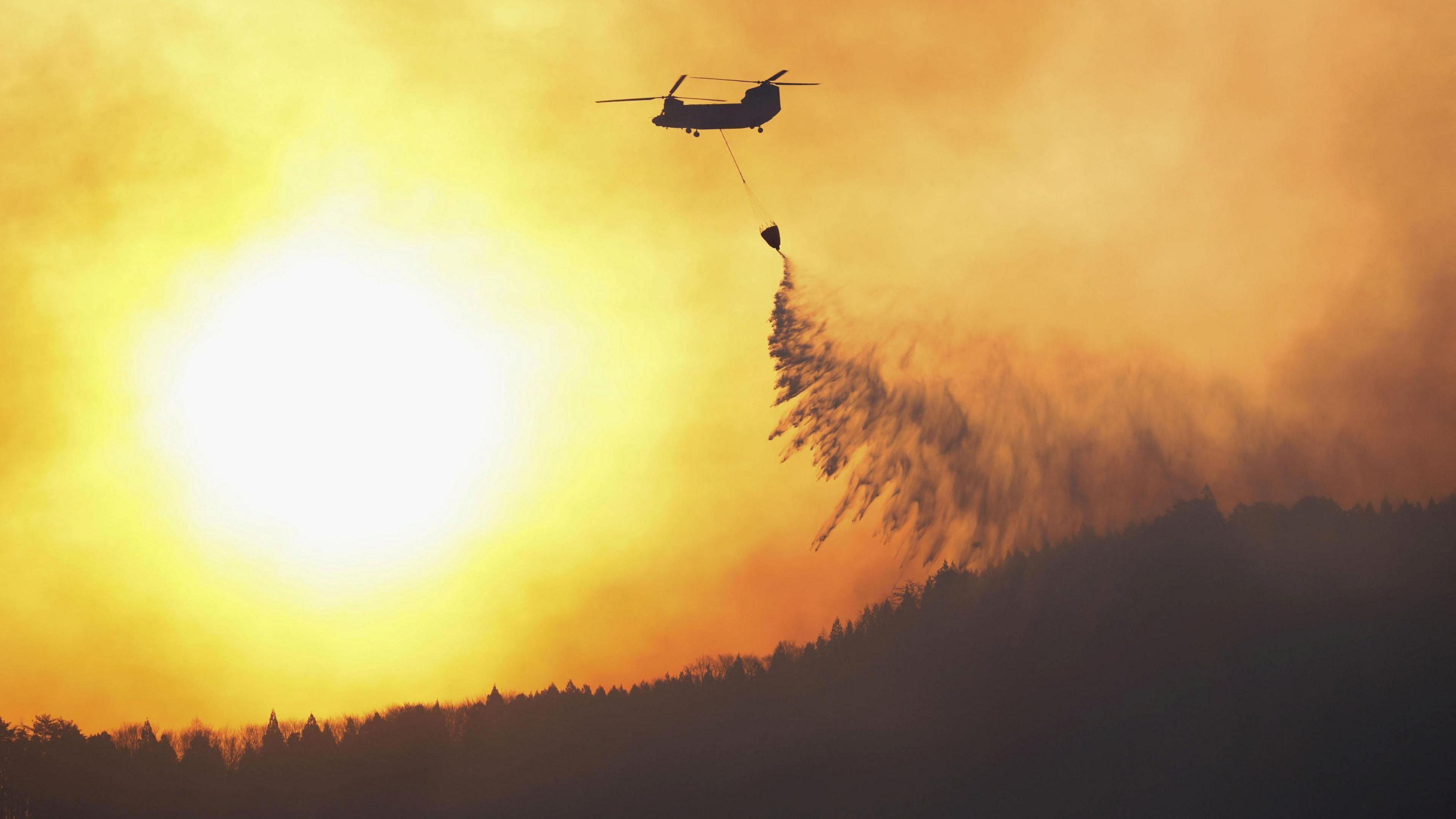 Sky has a yellow and orange glow, with a helicopter shown dropping water on the forest below.