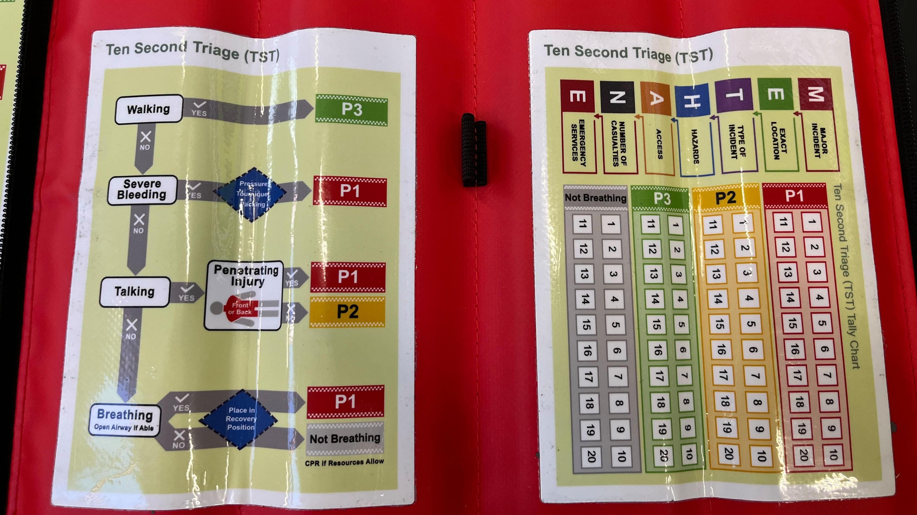 A flow chart highlighting the stages of treatment, in a red booklet.