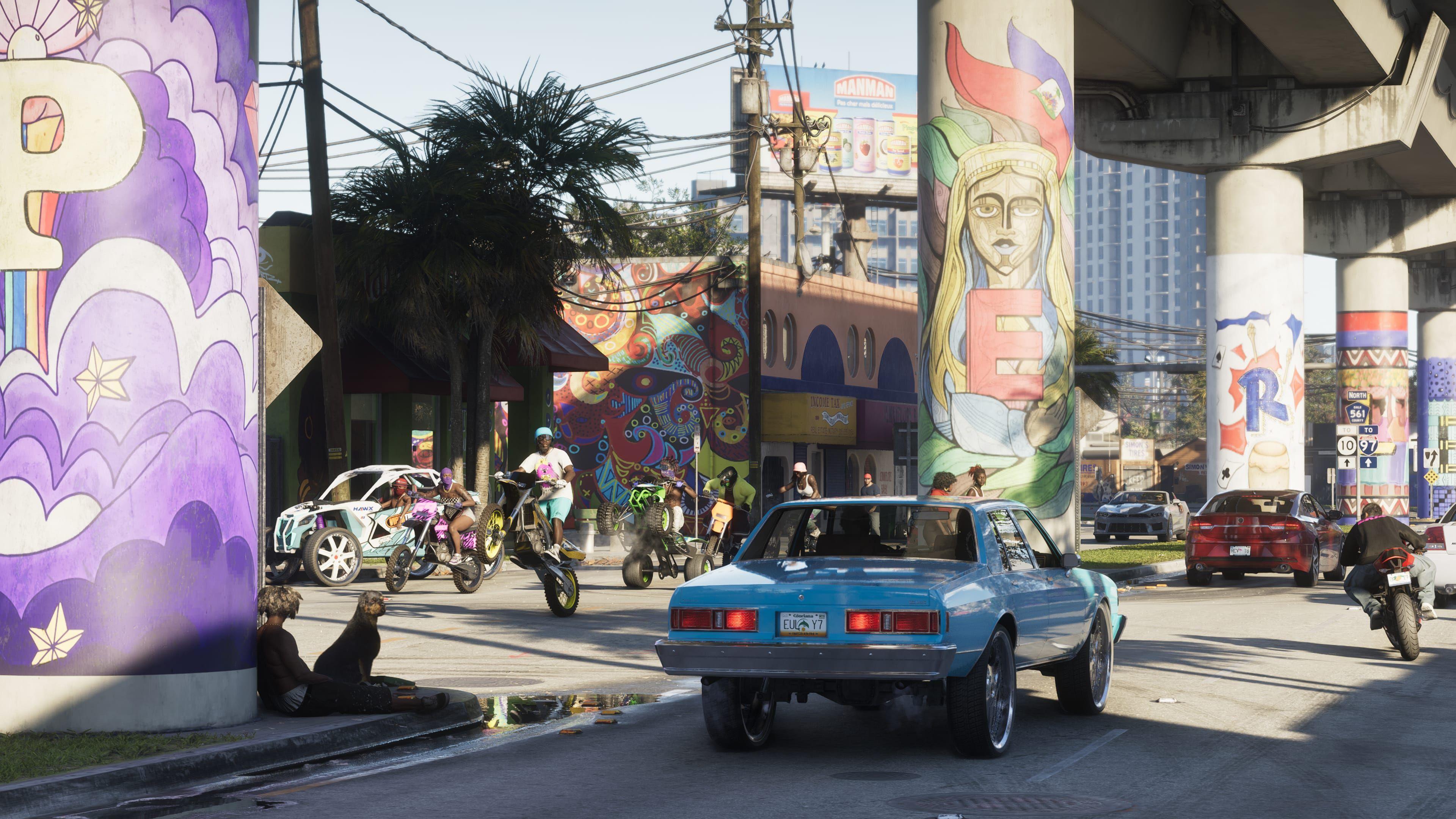 Screenshot shows a scene from a concrete underpass with colourful graffiti painted on columns. Underneath, a sky blue muscle car and youths on bikes ride around the streets.