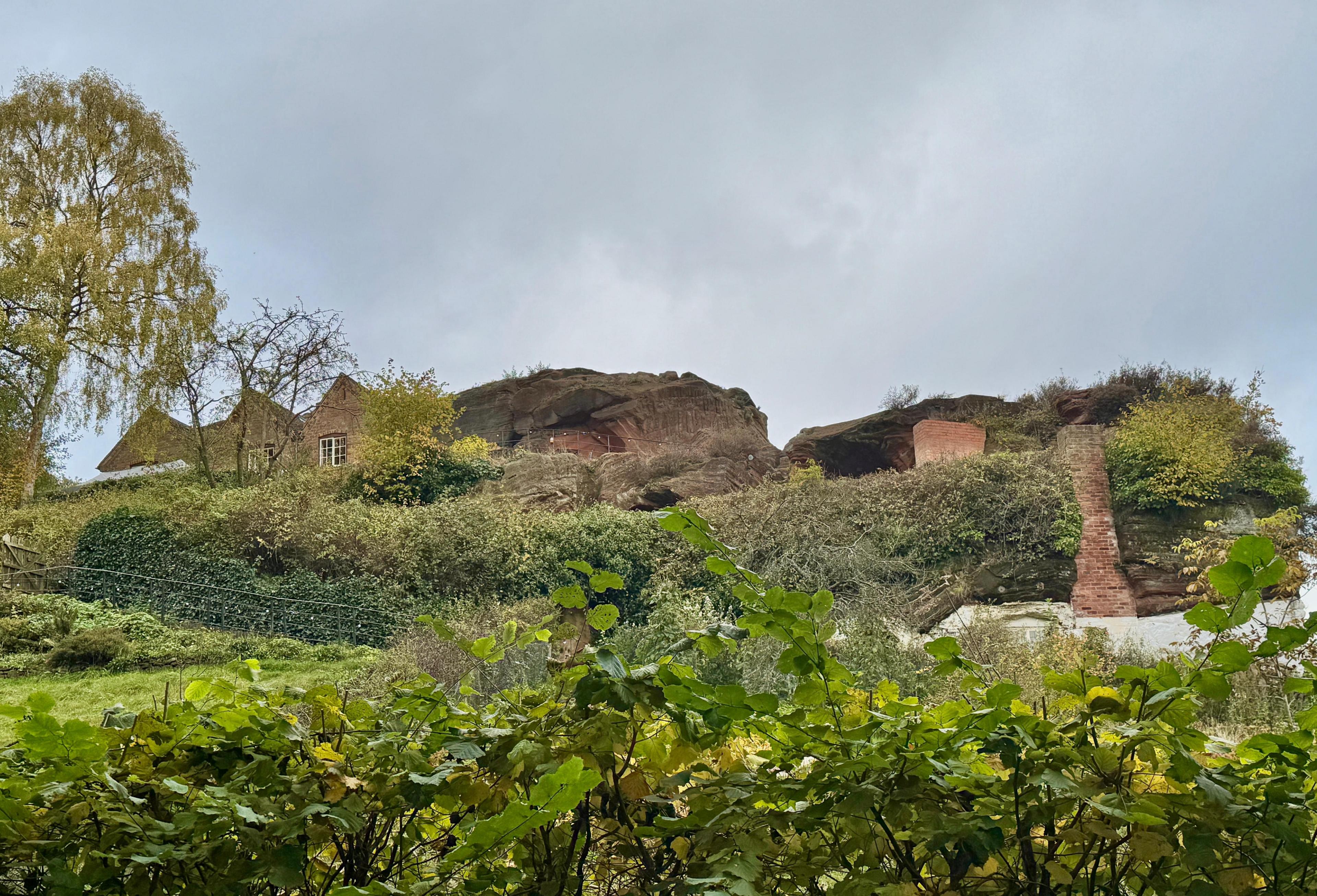 A hillside dotted with trees and bushes, with a brick-built house at the top and other houses built into the rock.