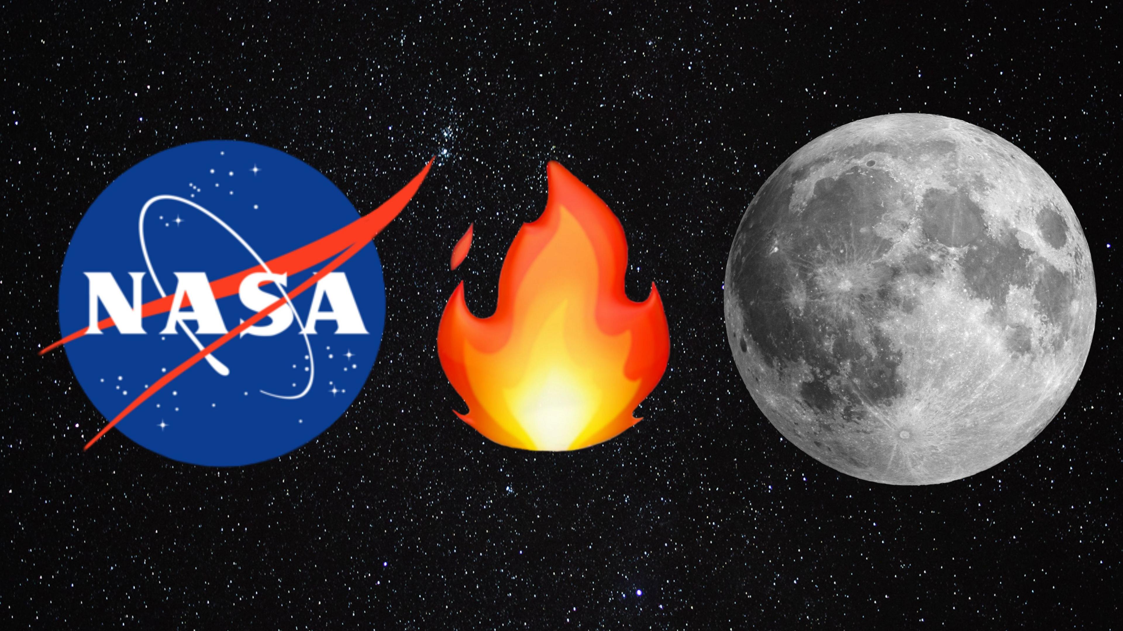 Nasa log, fire emoji and the Moon.