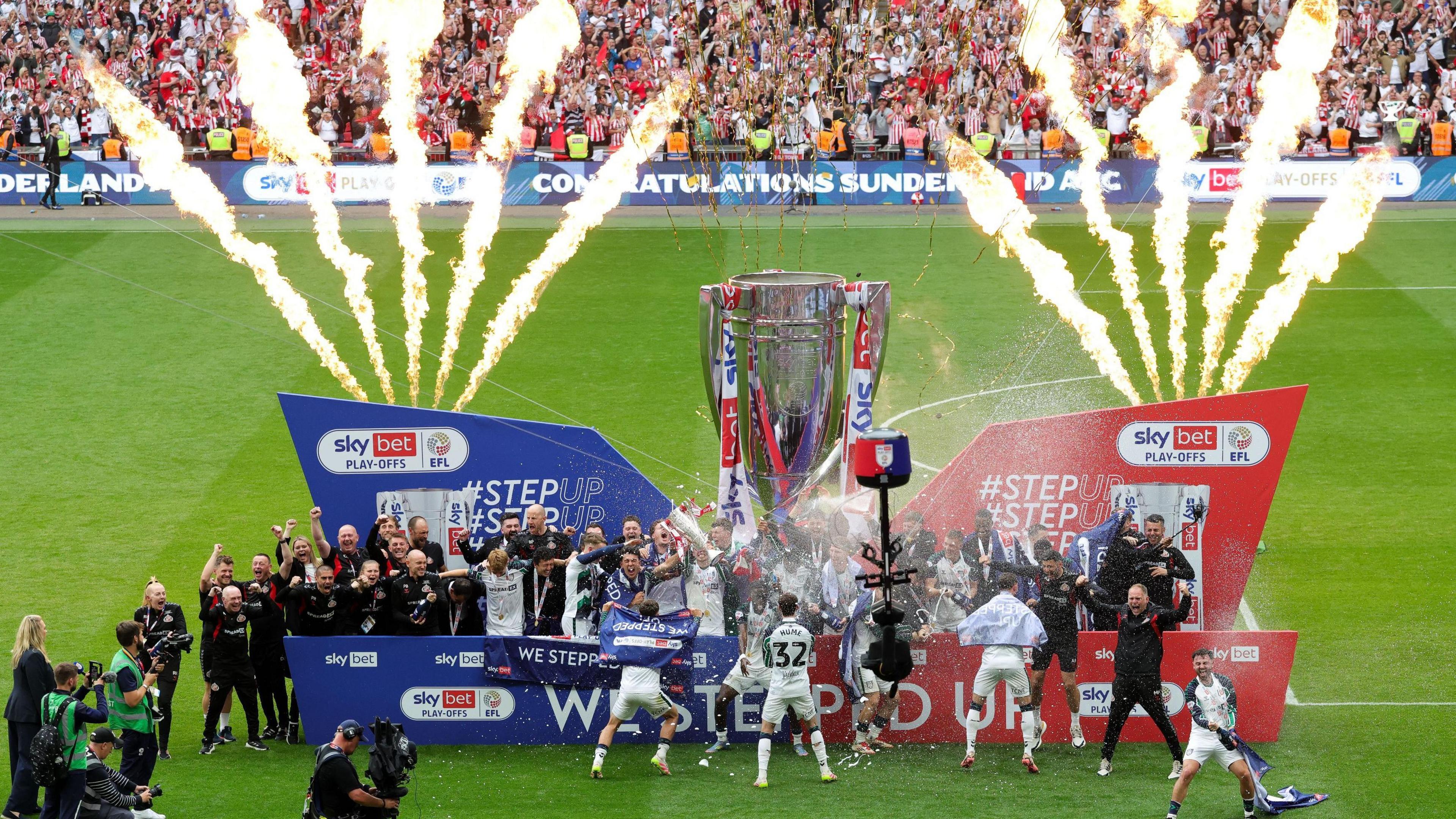 Sunderland were promoted via the Championship play-off final in 2024-25