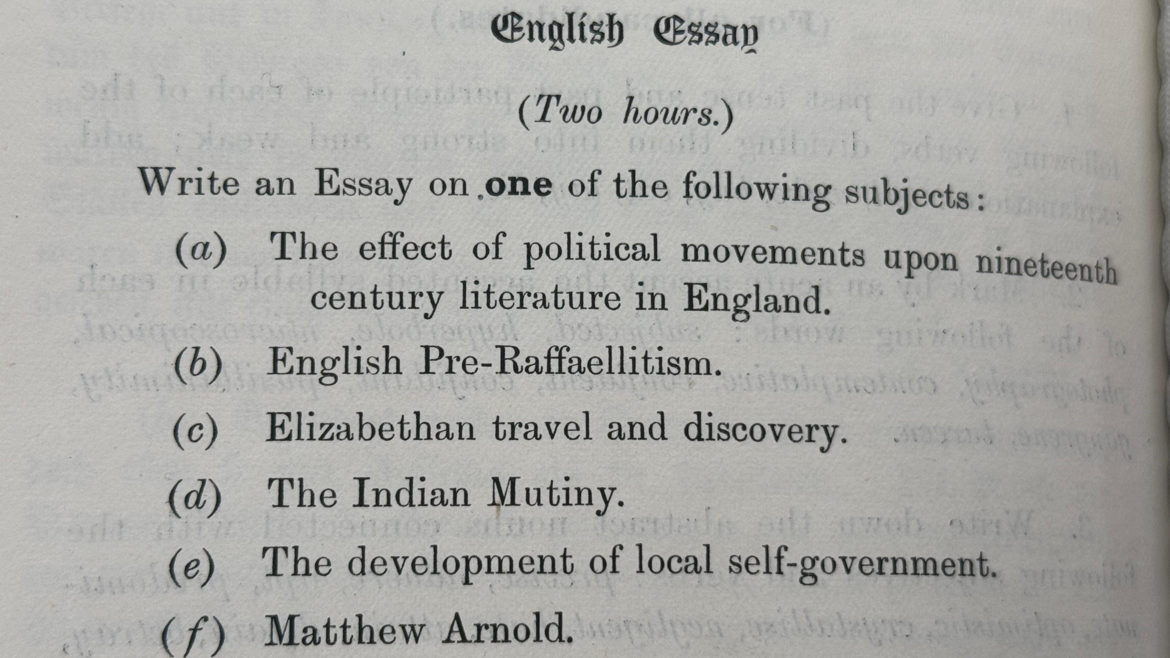 A printed page from the 1913 English exam. It gives two hours for candidates to write an essay on a variety of subjects from Elizabethan travel and discovery to The Indian Mutiny