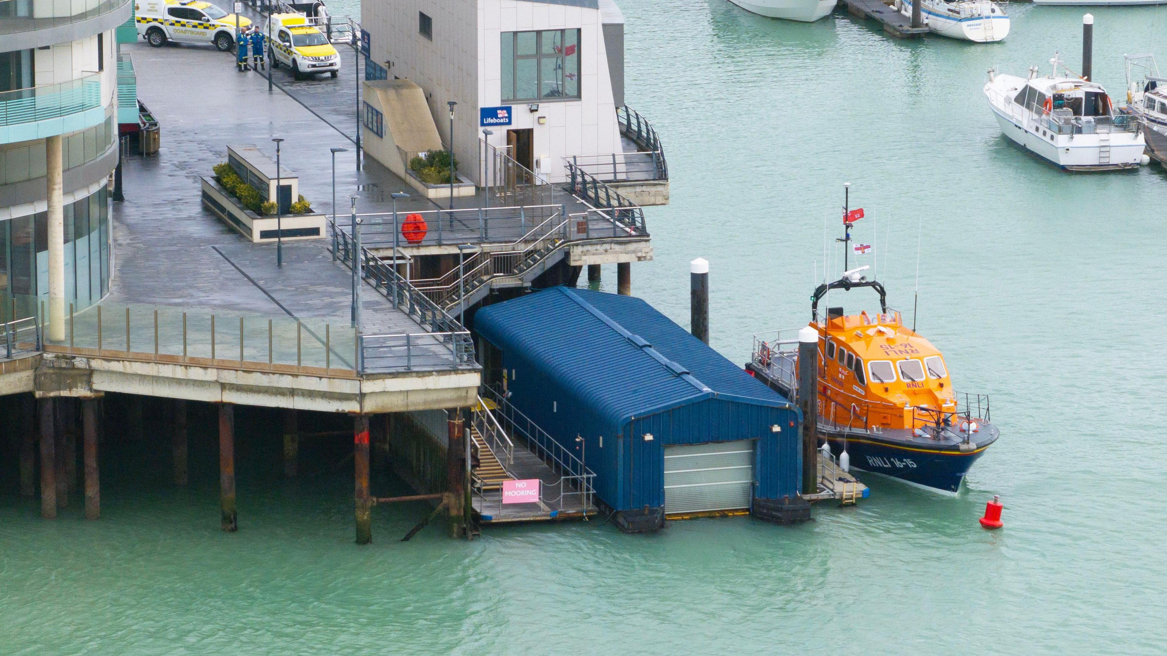 The Brighton lifeboat moored at the city's marina, seen from a drone.