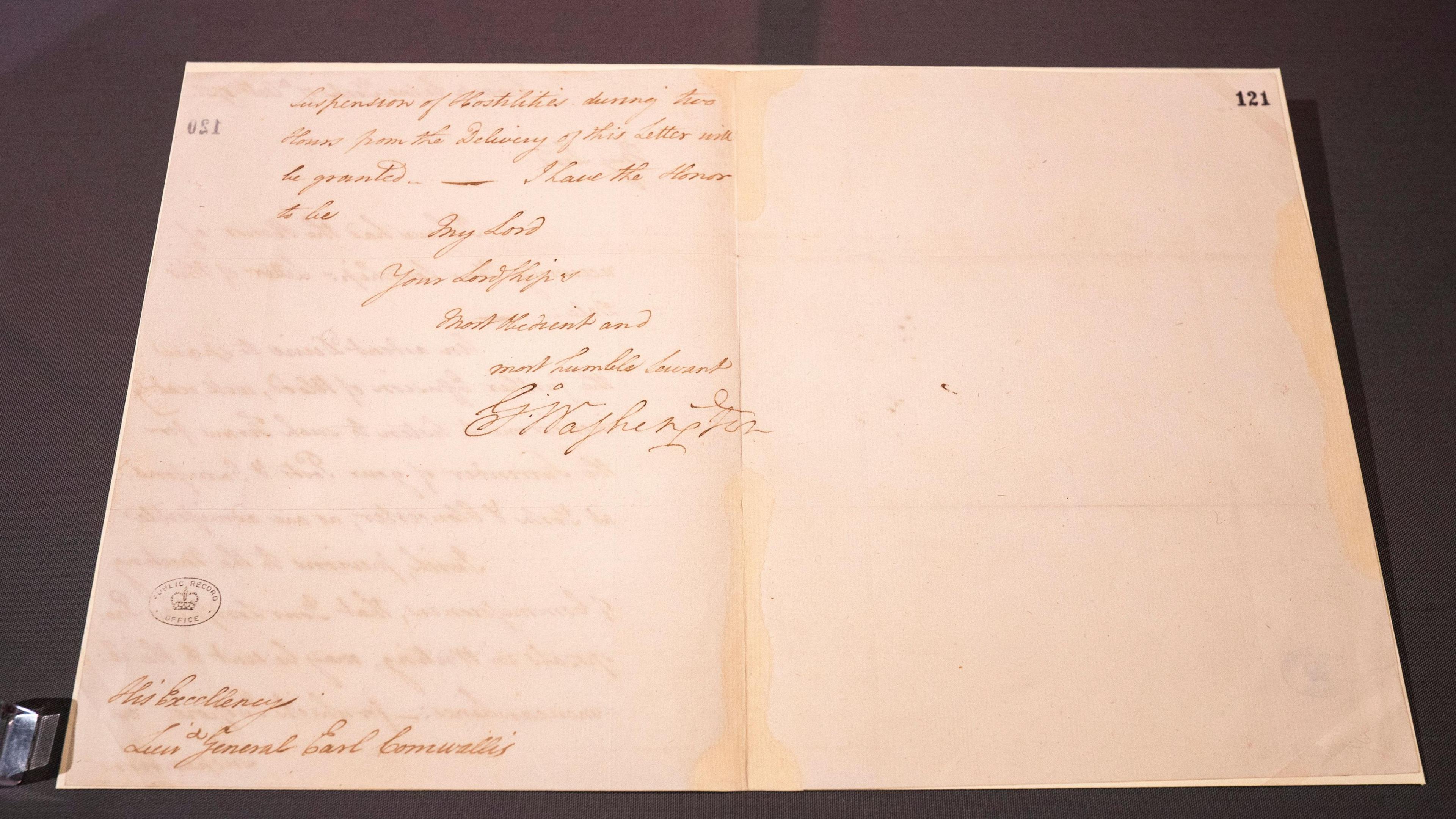 George Washington’s signature on a document to General Charles Cornwallis at Yorktown, 17 October 1781 inside a glass cabinet at Revolution 250: America's Independence Story, 1763-1783 at the National Archives, in Kew, Surrey.