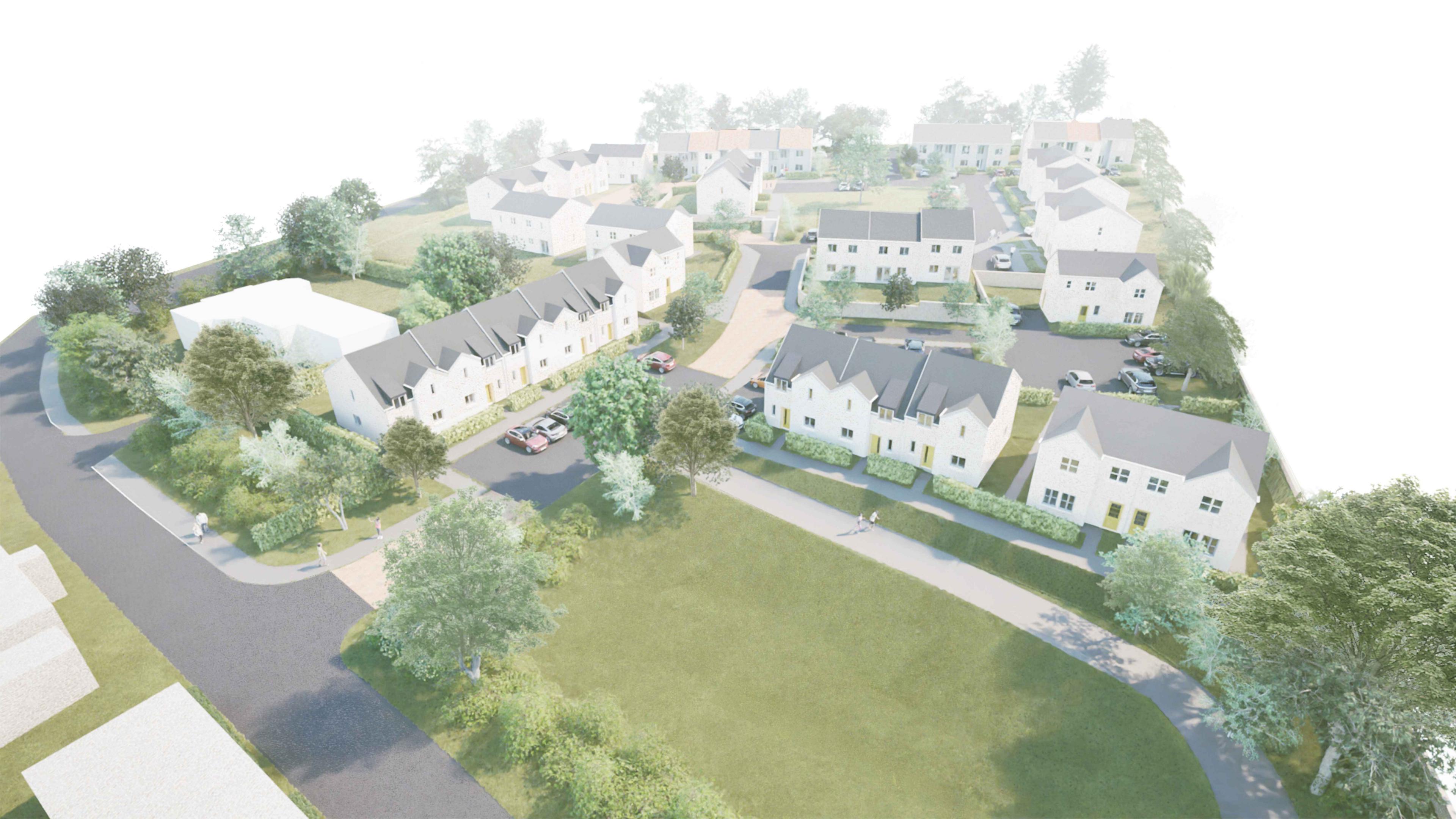 An overhead image shows a number of white houses with grey roofs, surrounded by roads and greenery.