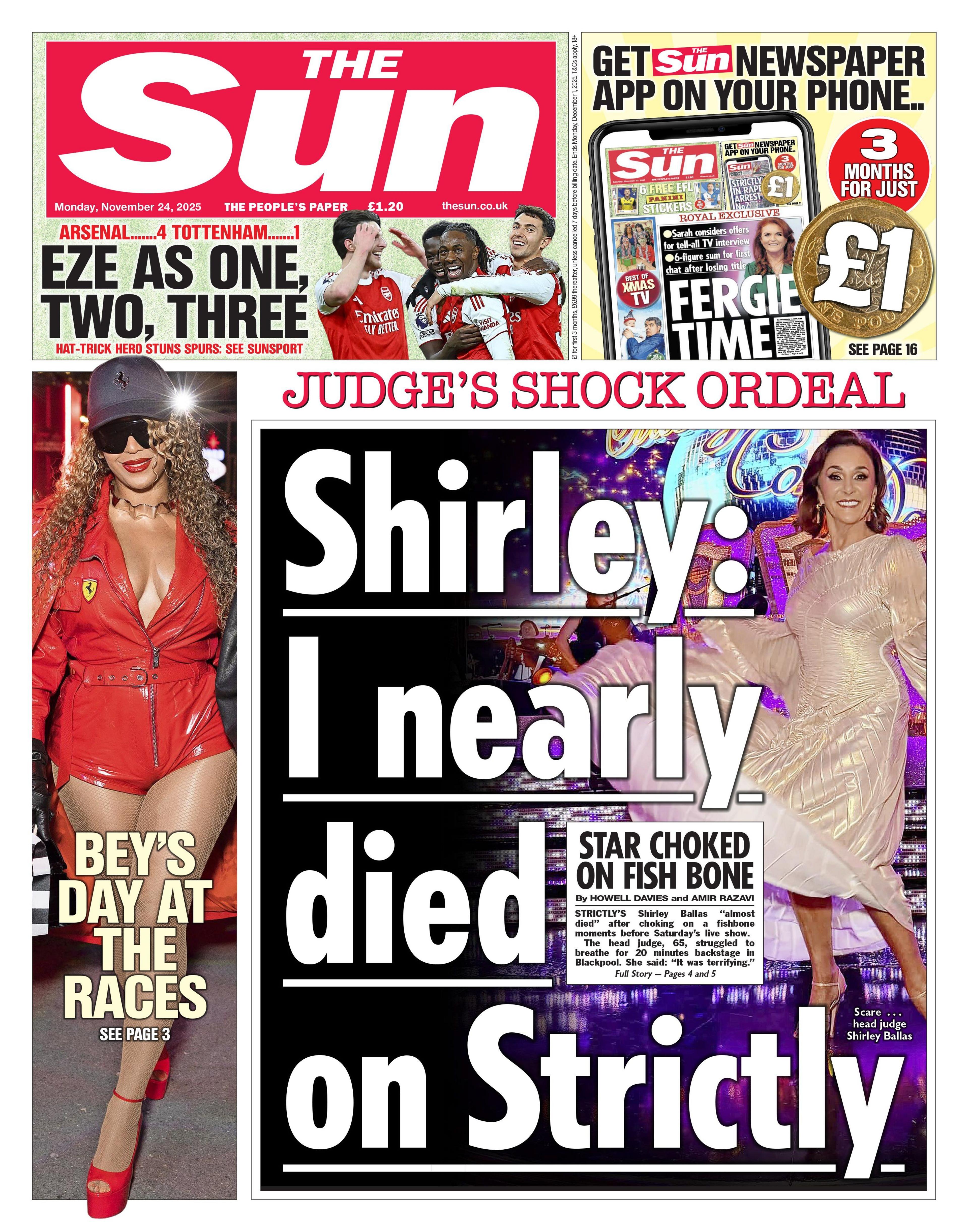 "Shirley: I nearly died on Strictly," reads the Sun's front page headline.