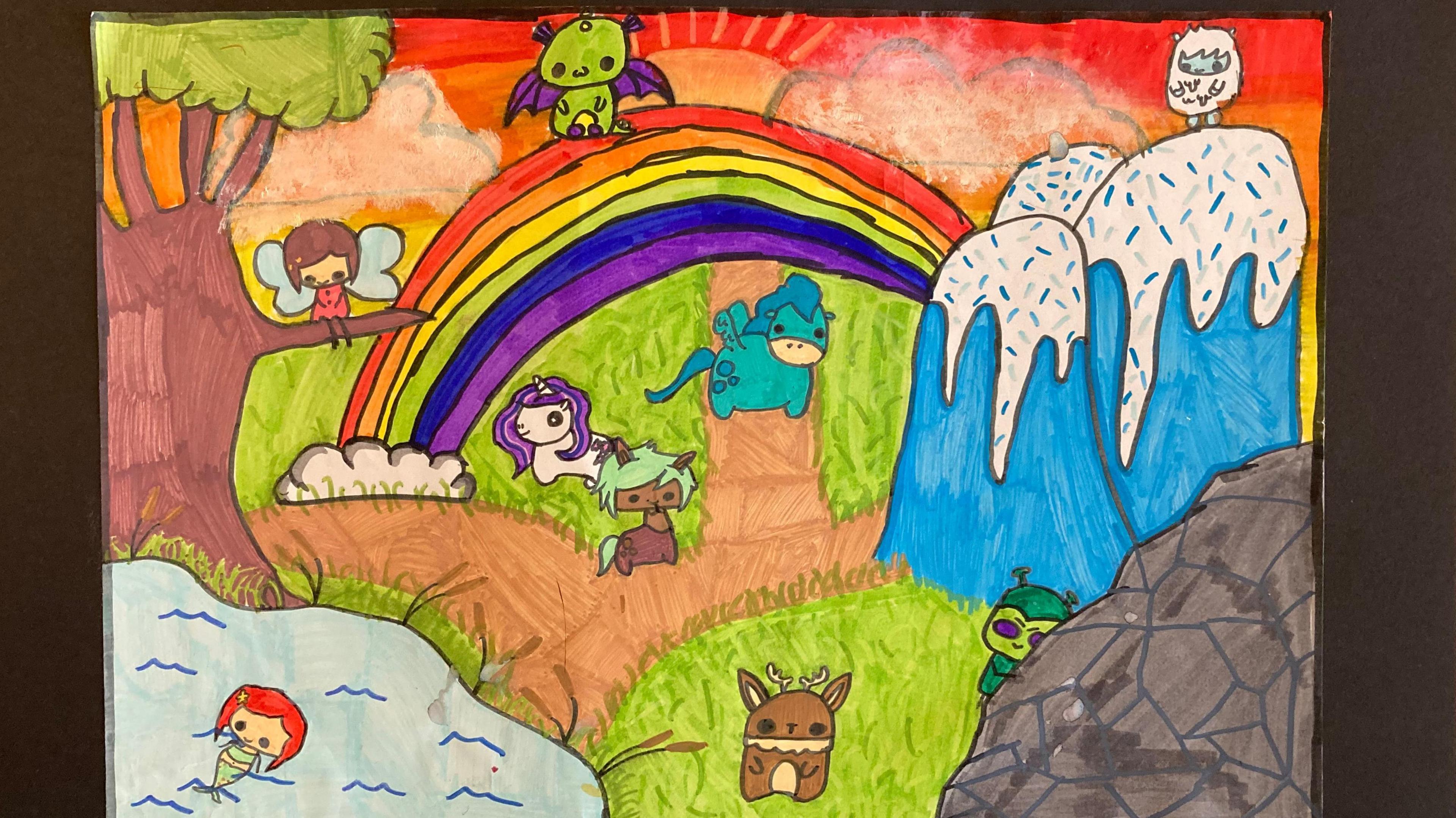 Mythical Land, a colourful painting showing a grassy landscape, with a rainbow, fairies and dragons.