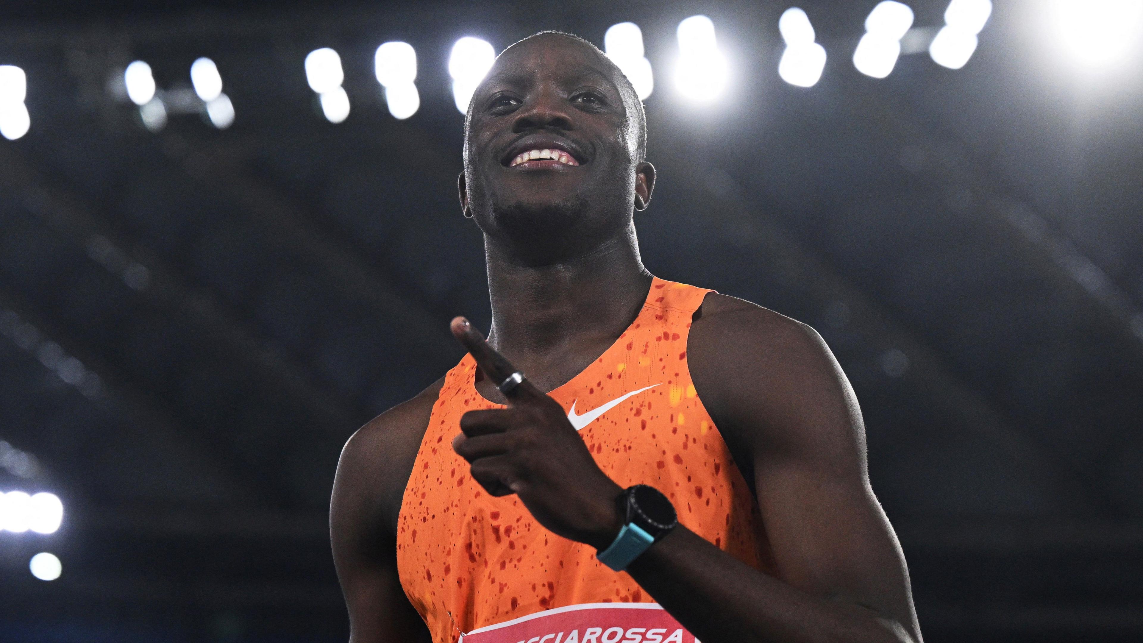 Botswana sprinter Letsile Tebogo celebrates after winning the 100m at the Rome Diamond League event