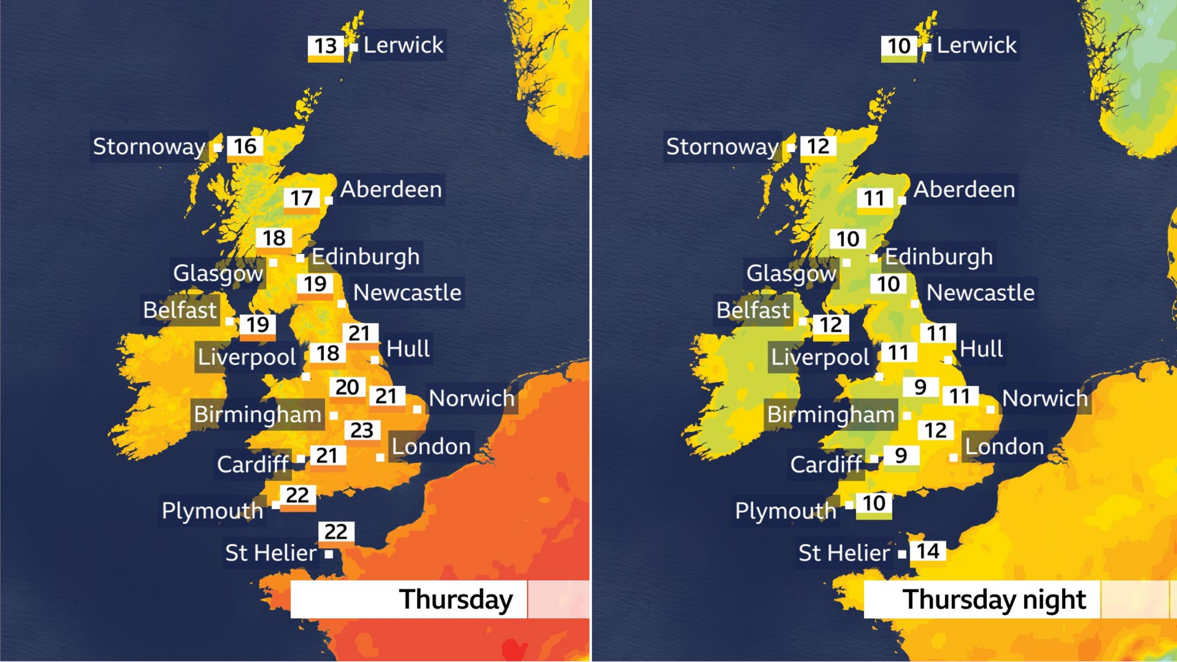 Two UK temperature maps. One shows Thursday afternoon temperatures ranging from 13 Celsius in Lerwick to 23 Celsius in London. The other shows the Thursday night city centre lows of 9 to12 Celsius.