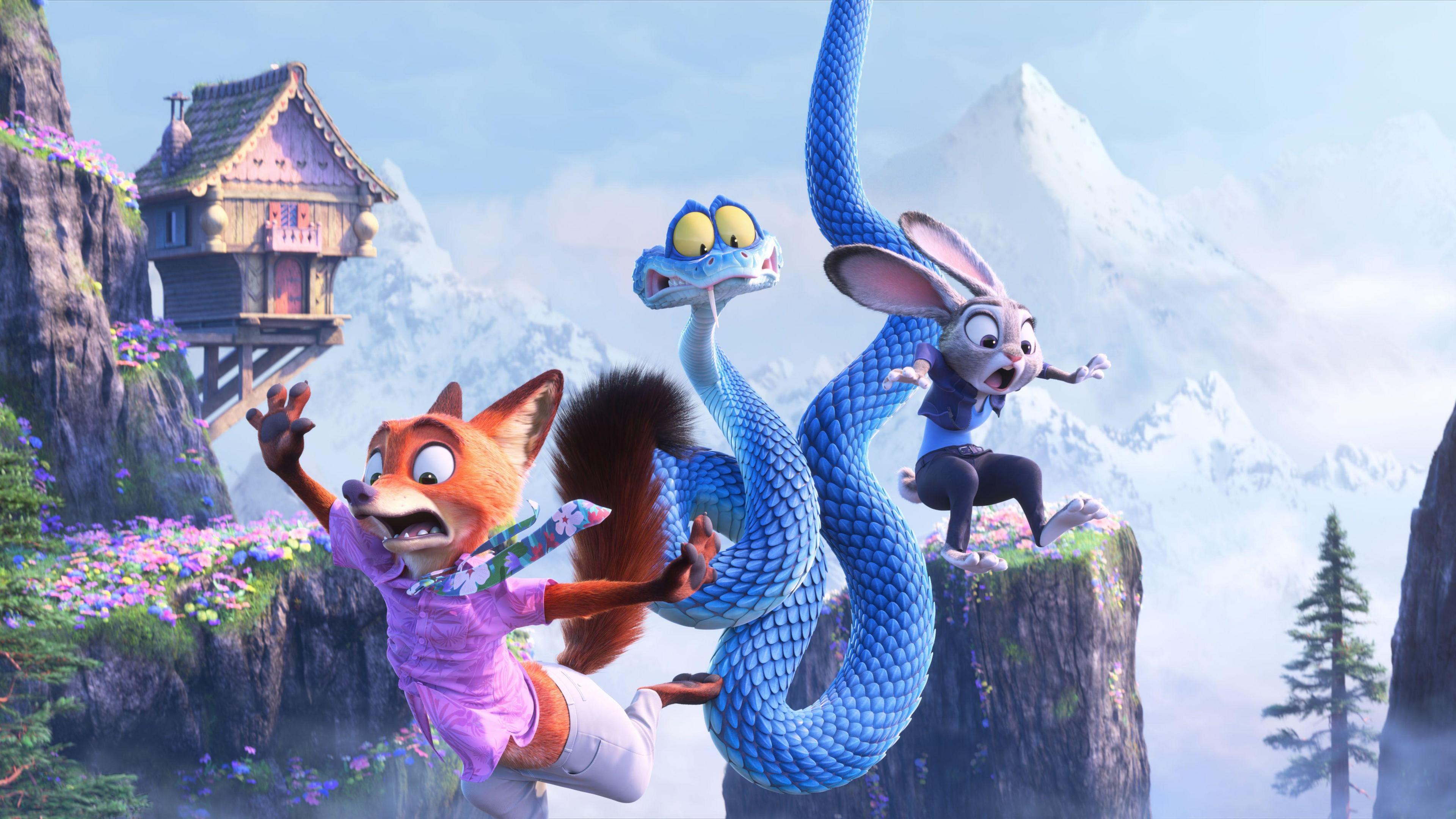 nick wild, a blue snake and judie Hopps falling through the air.