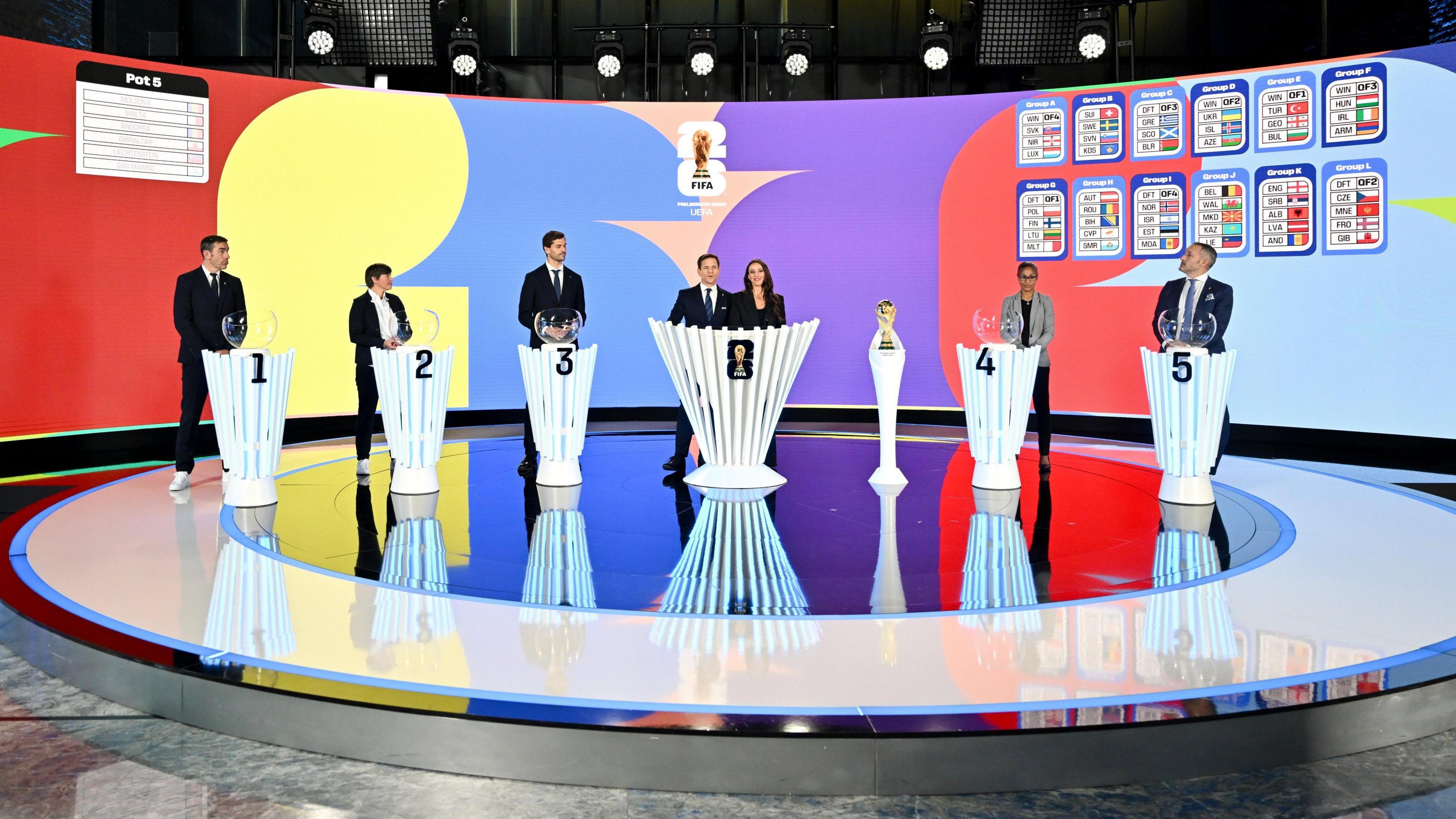 People stand on platform in front of colourful screen for last week's FIFA World Cup draw