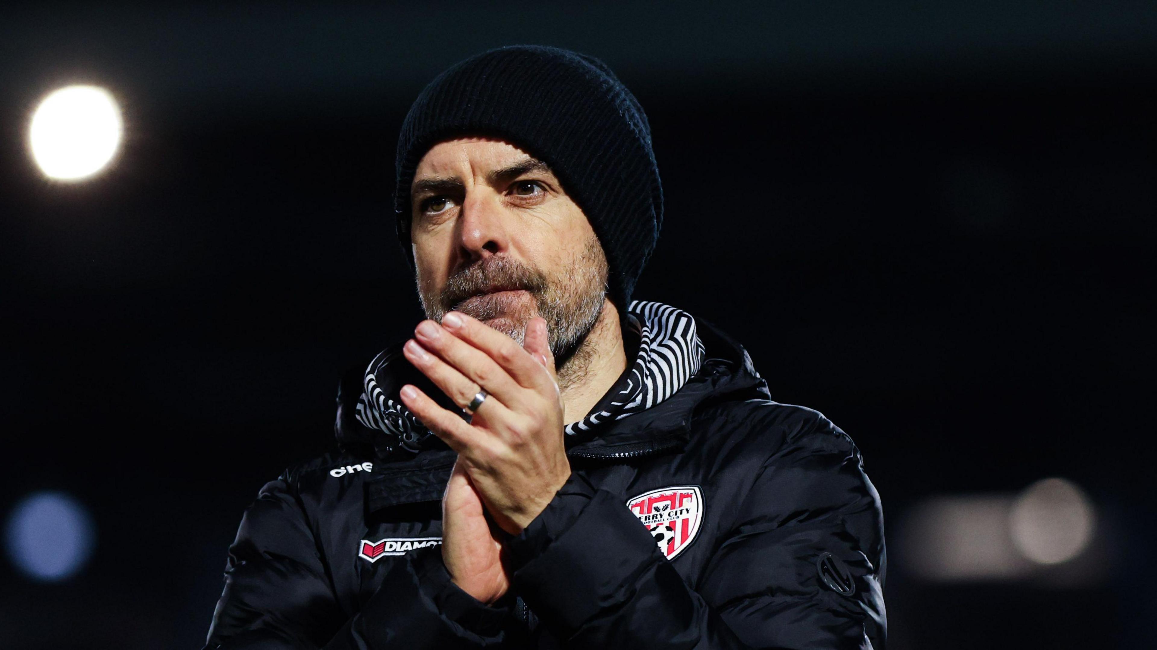 Tiernan Lynch applauds the Derry City fans after their 2-1 home win over Shamrock Rovers at Brandywell