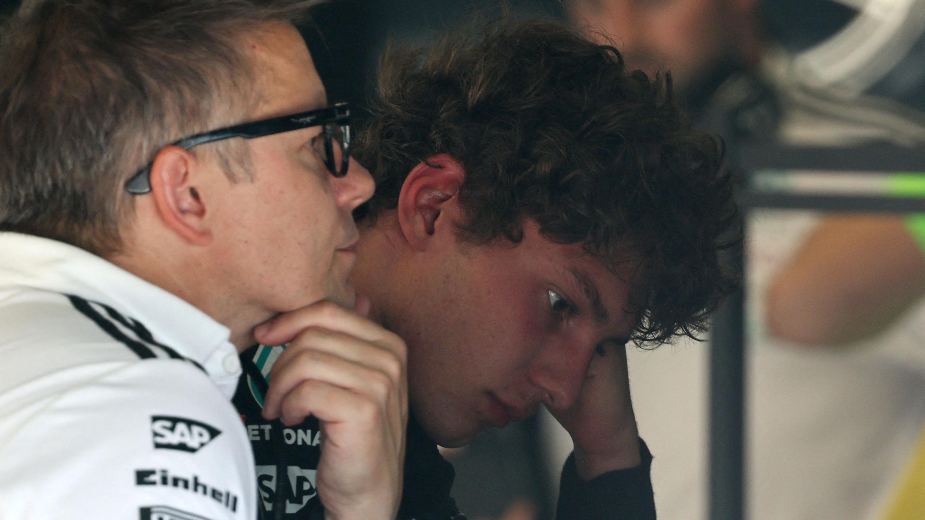Mercedes driver Kimi Antonelli looking downcast after the Italian Grand Prix, while sat next to his engineer Pete Bonnington