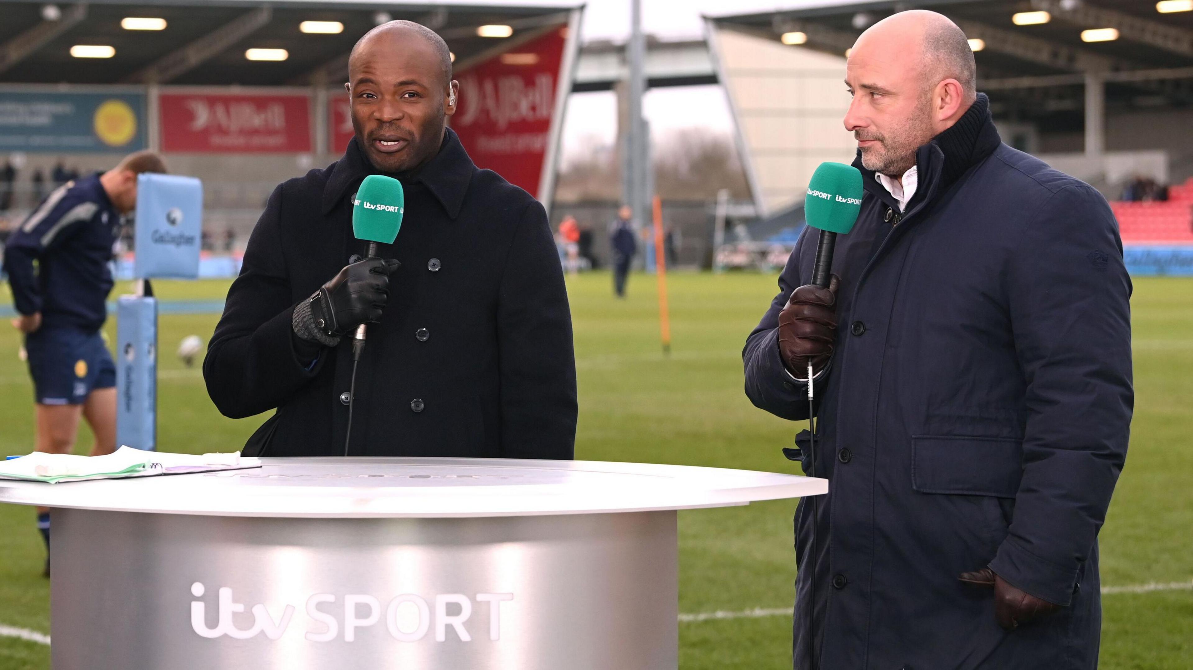 Topsy Ojo and David Flatman working for ITV Sport