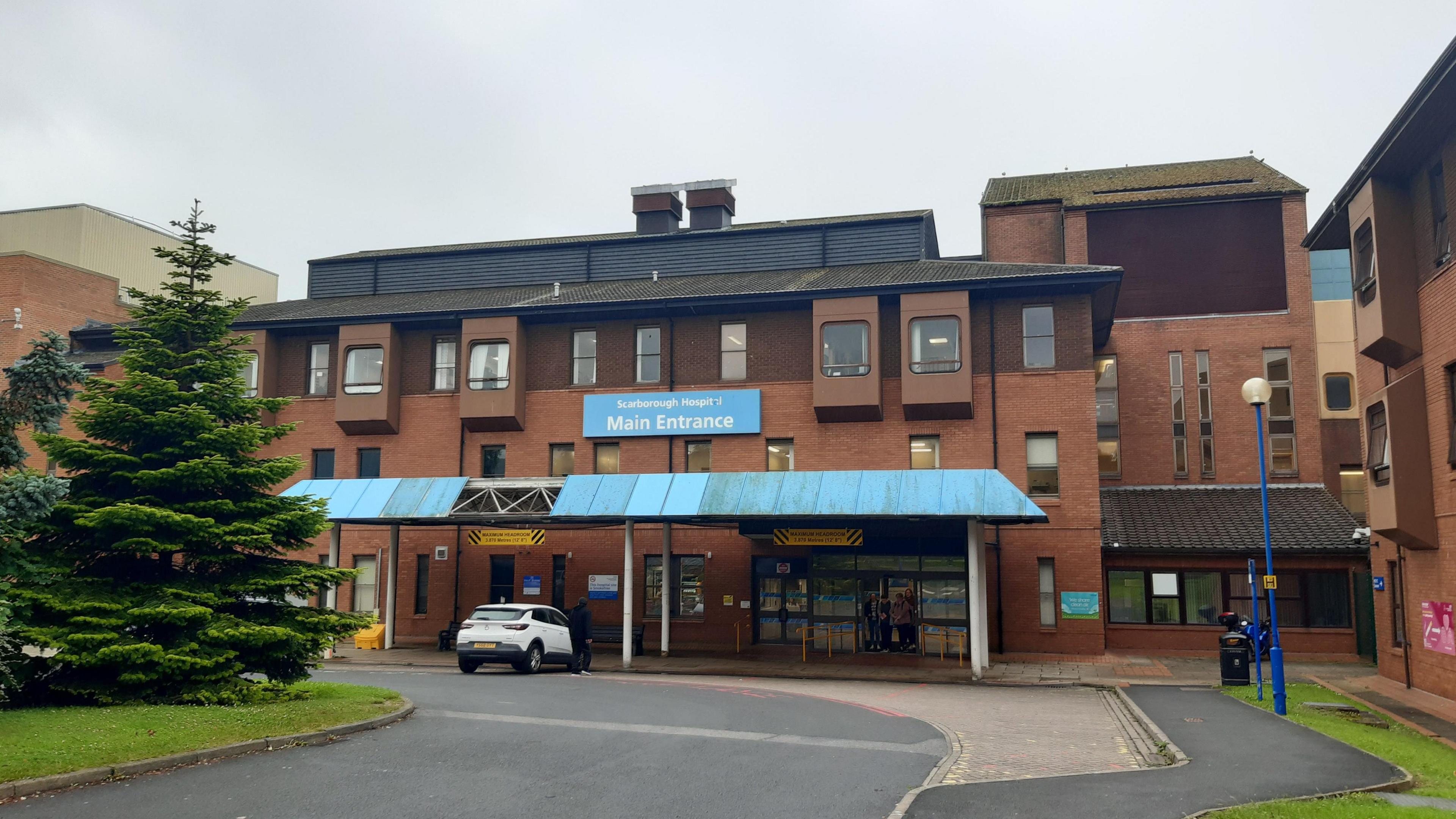 Entrance to Scarborough Hospital- a three storey brick building