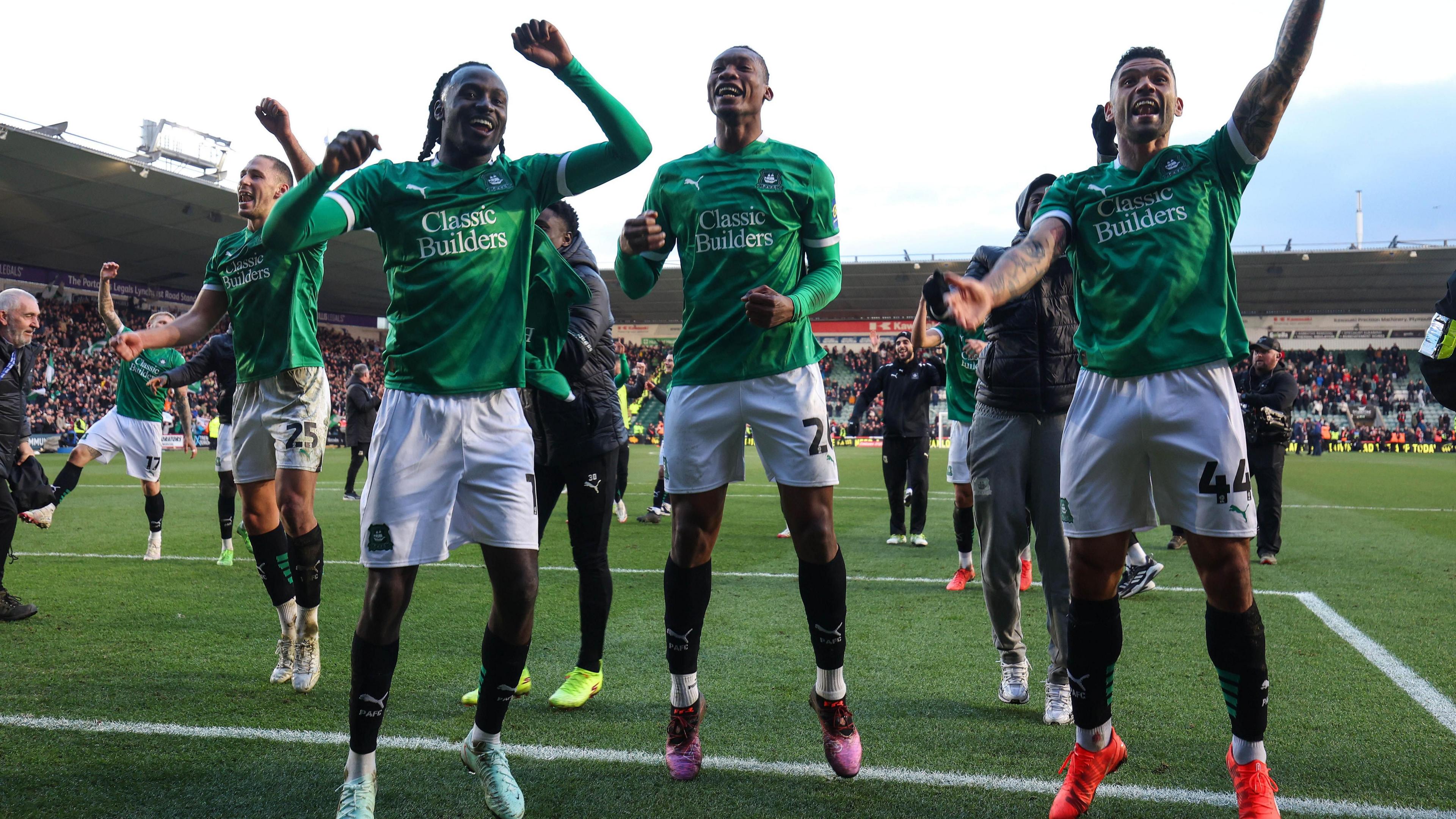 Plymouth players celebrate after beating Liverpool