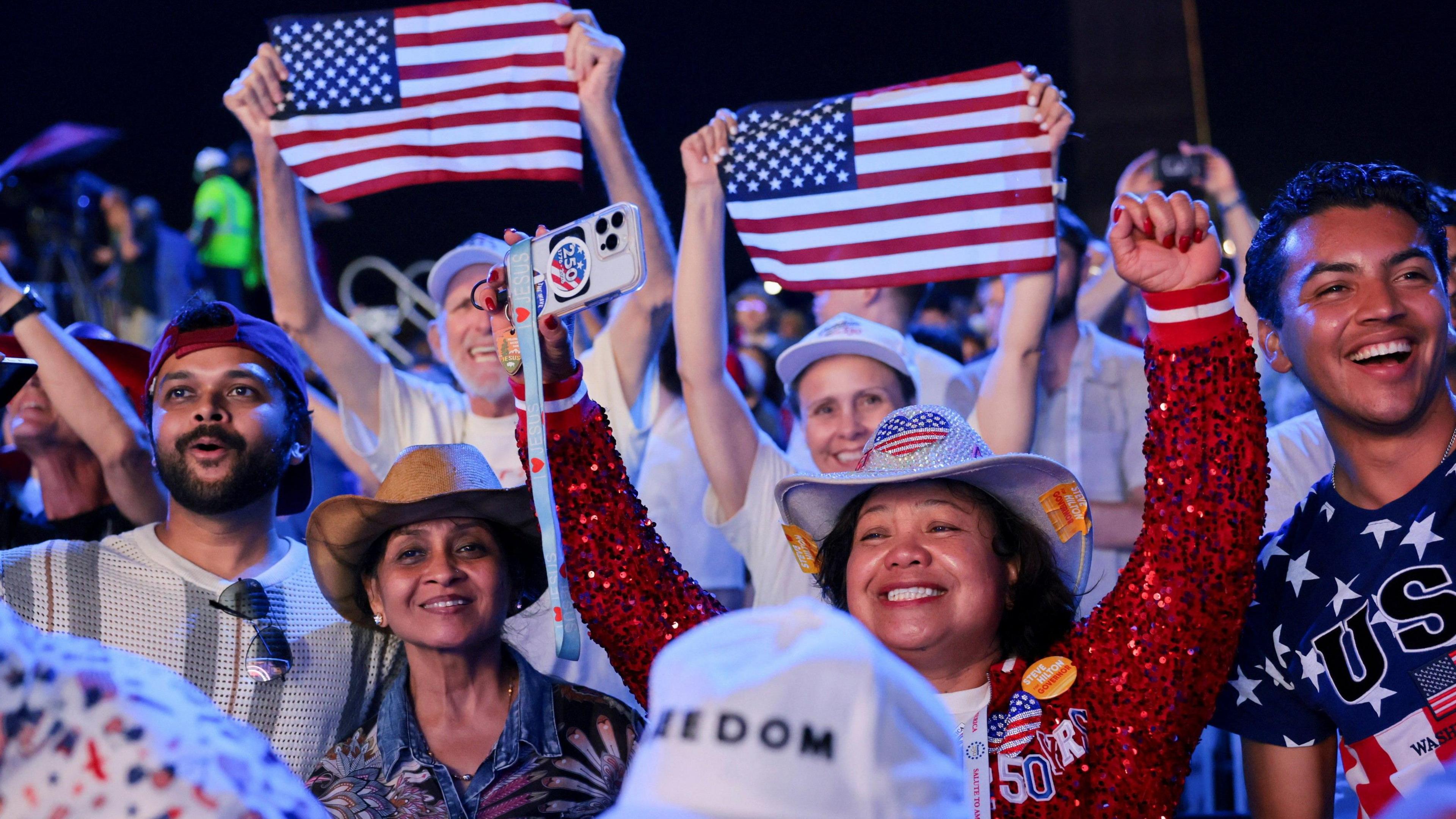 People gather ahead of a Fourth of July rally featuring U.S. President Donald Trump to mark the 250th anniversary of U.S. independence, in Washington, D.C., U.S., July 4, 2026.
